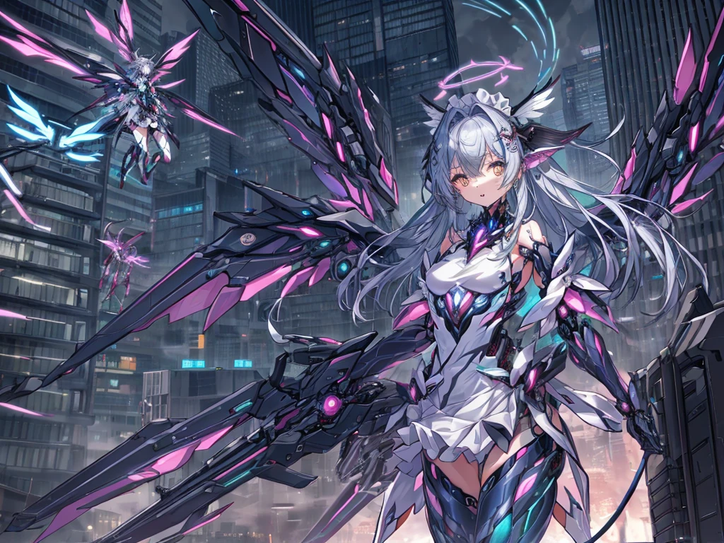 top-quality、ighly detailed、masterpiece、((1girl in))、silber hair、length hair、Floating hair、、Cyber City、Neon building、(The upper part of the body:1.05)、extremely_Detailed_Eyes_And_Face,cybernetic wings mechanical wings、Random posture、Skyscraper、、Mechumusume、shrine maiden clothe,maid clothes、Random angles、anime styled,cowboy shot