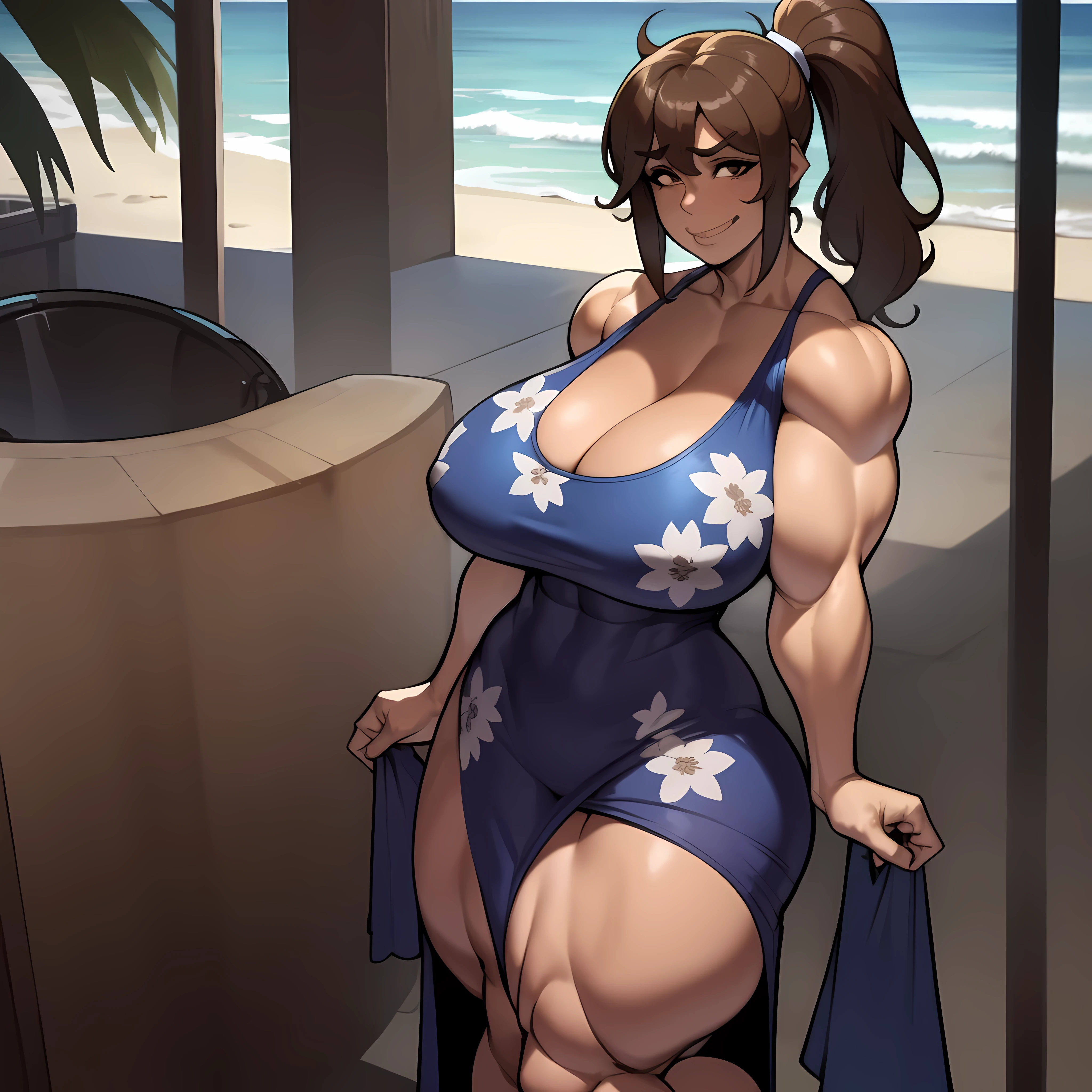 one female in the beach with short ponytail brown haircut, has brown eyes, long form fitting blue floral dress, alone, solo, (ALONE)(SOLO), very wide cleavage, facing forward, looking at me, looking forward, smirk, showing full legs, wide hips, looking casual, ((((huge muscles))))