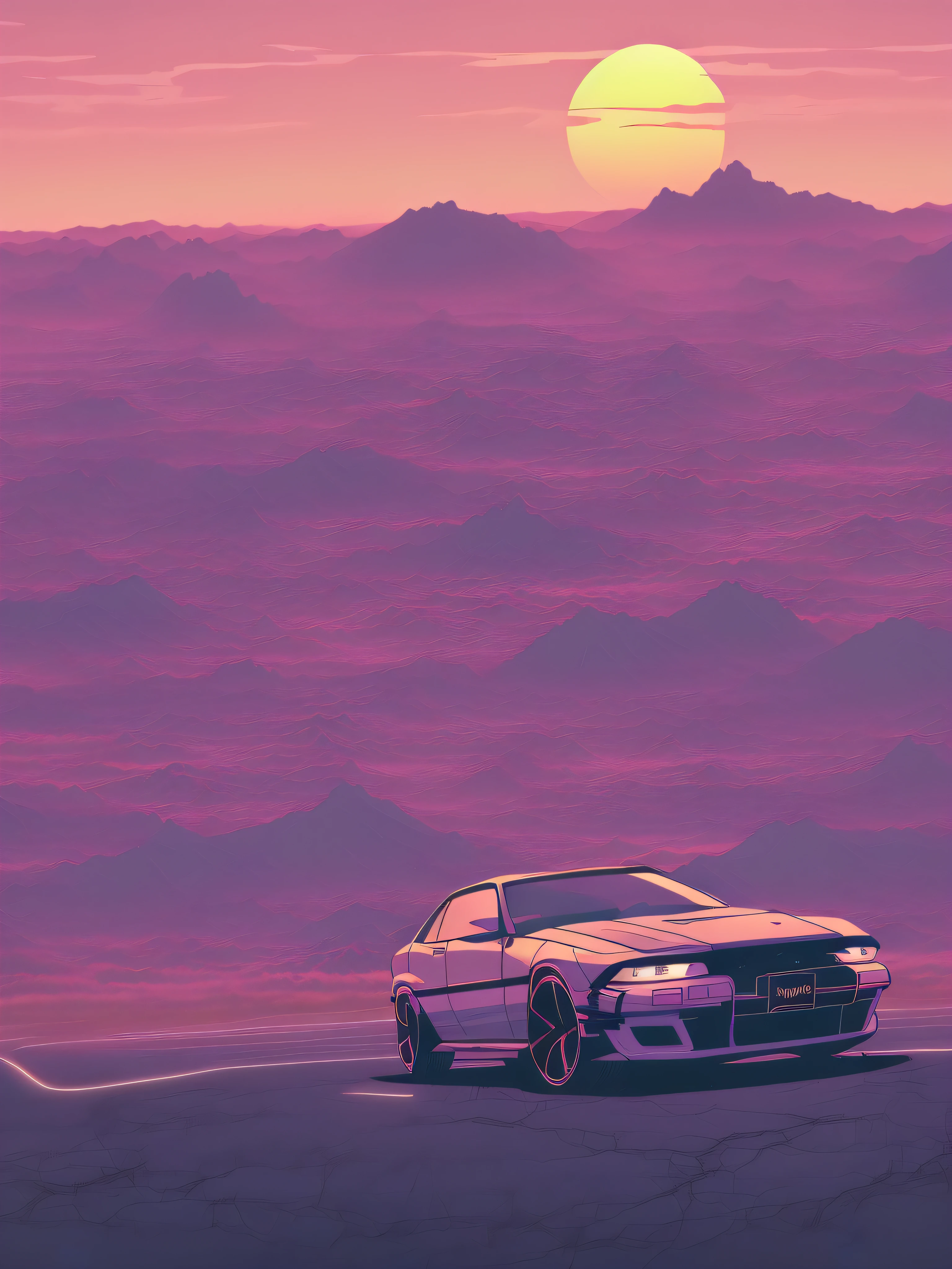 (nvinkpunk: 1.2) supercarro, solo, estilo snthwve, onda de luz, sun sunset, intrincada, altamente detalhada