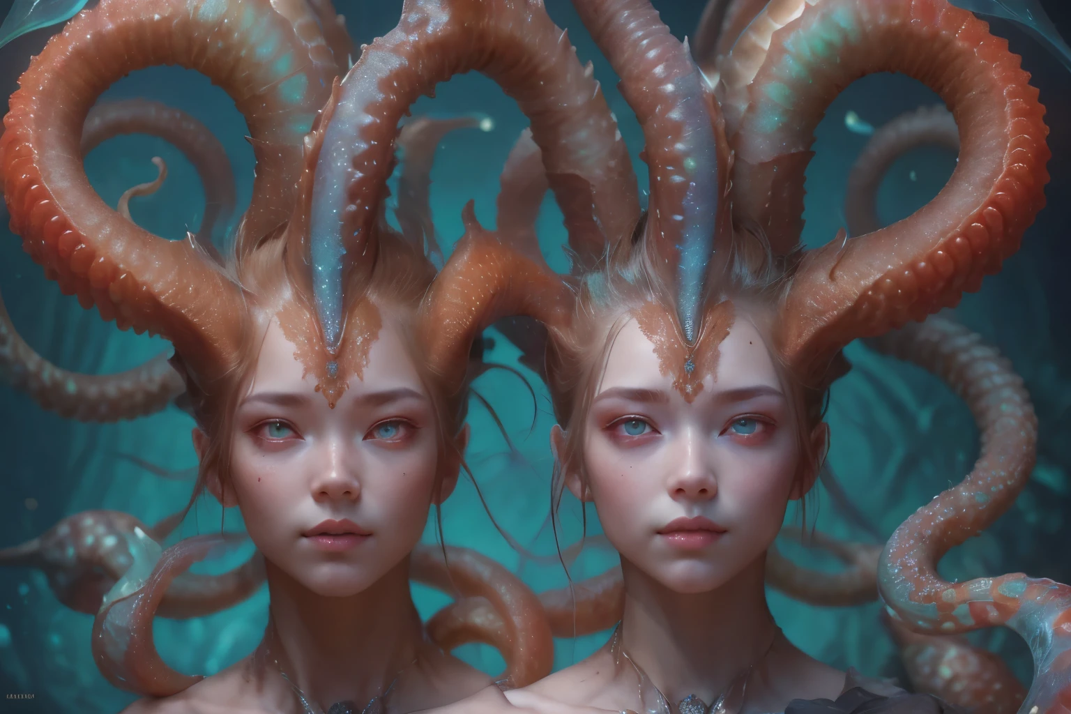 (1 beautiful and obscene female alien:1.4), (There is a female genital-like organ in the middle of her forehead:1.95), She has medusa-like hair, (there are lots of translucent tentacles from her head like her hair:1.5), (vulgarity1.7), (she is looking down at viewers with glowing red eyes with no pupils:1.6), (She has translucent pale skin:1.4),(She has the most beautiful face in the history of the universe:1.2), (She has multiple bioluminescent organs on the side of her tentacles:1.4), (Her body is covered with an iridescent exoskeleton:1.4), (She is showing her arm pits:1.6), an evil gaze that seduces, (looking down at viewers:1.4),(Vampire-like long canine teeth can be glimpsed through the gap between the cute lips:1.4) (bio luminescent:1.4), (Smile wickedly:1.3), (sexypose:1.4), alien, No humans, cells are fused, extraterrestrial, cell, bio image, ultra high resolution, (photos realistic:1.7), (Numerous award-winning masterpieces, with incredible detail, textures and maximum detail), Dramatic Lighting, cinematic quality, (exquisite details:1.2), High freshness, drawing faithfully, (Thick eyebrows:1.2), Beautiful eyes with fine symmetry,(Highly detailed face and eyes:1.2),(Super detailed skin quality feeling:1.4), perfect anatomy, (Beautiful toned body:1.5), (Moist skin:1.2), not wearing makeup, (dark circles:1.1), long canines, cinematic drawing of characters, cinematic quality, (exquisite details:1.2), high resolution, High freshness, drawing faithfully, official art, Unity 8K Wall paper, ultra detailed artistic photography, midnight aura, unreal engine 5, Ultra Sharp Focus, art by Amano Yoshitaka, ArtGerm, ultra realistic realism, dream-like, Creation of fantasy, dream Snail, (biopunk nautilus:1.3),Thrilling color schemes, seductively smiling, Amazing mutation, well-proportioned body, goddess of the deep sea, fractal, Geometric pattern, impossible figures, subtle emerald green accents, (expression of ecstasy:1.5)
