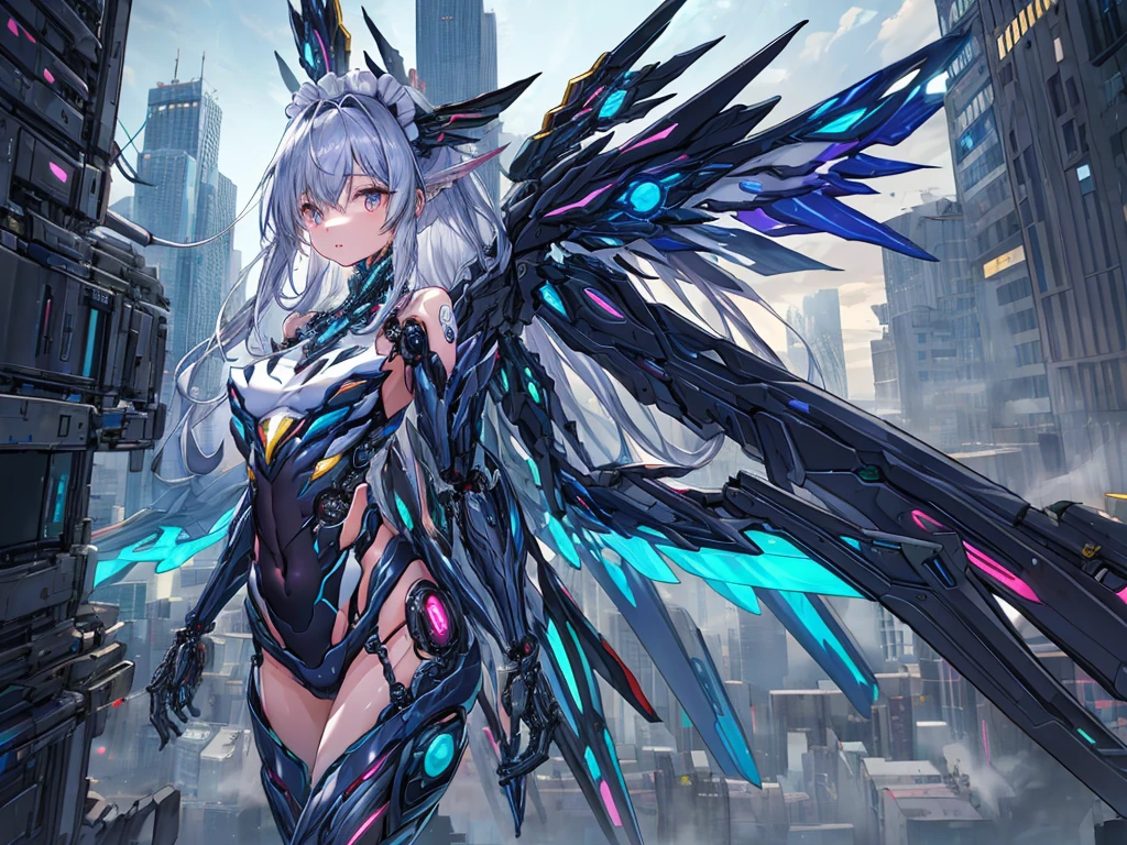 top-quality、ighly detailed、​masterpiece、((1girl in))、silber hair、length hair、Floating hair、、Cyber City、Neon building、(The upper part of the body:1.05)、extremely_Detailed_Eyes_And_Face,cybernetic wings mechanical wings、Random posture、Skyscraper、、Mechumusume、shrine maiden clothe,maid clothes、Random angles、anime styled,cowboy  shot