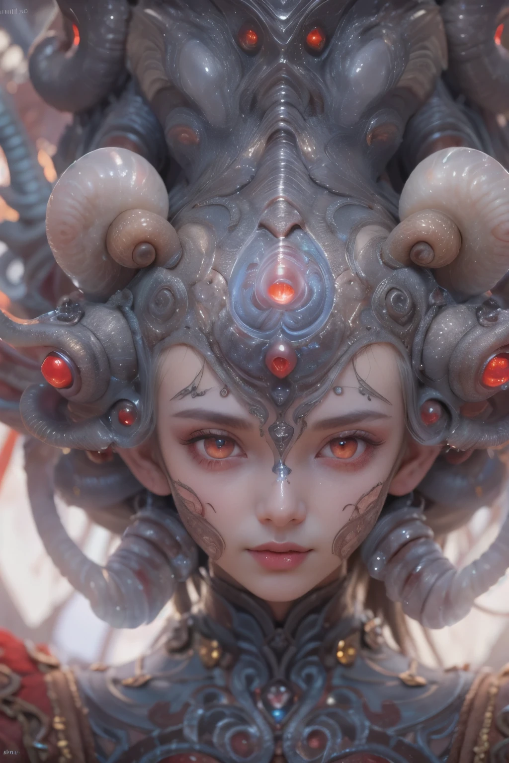 Female Alien, Beautiful face, seduces, red eyes, Full body like, A sexy, alien, No humans, an alien, cells are fused, Multiple hands, Lots of blue tentacle skin:1.5), extraterrestrial, cell, bio image, 魅惑的, Best Quality, 8K,,4K_quality, high_Definition,Dramatic Lighting, masutepiece:1.5,cinematic quality, detail up, Intricate details:1.2, 超A high resolution, High Definition, drawing faithfully, (Thick eyebrows:1.2), (Big scarlet eyes:1.6), Beautiful eyes with fine symmetry, (Ultra detailed eyes:1.2),(Highly detailed face and eyes:1.2), (High-resolution red-eye:1.4), Intimate face, (ultra detailed skin texture:1.4), Perfect Anatomy, (Beautiful toned body:1.5), (Moist skin:1.2), No makeup, (dark circles:1.1),