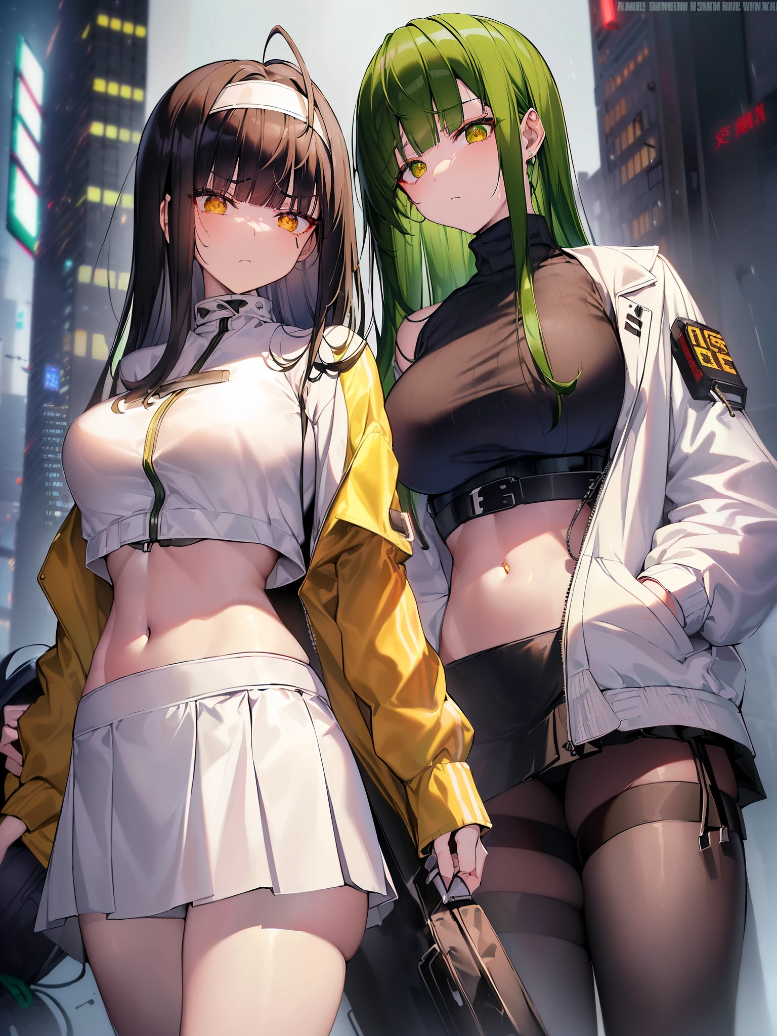 Dark green hair, ((Amber eyes:1.2)), Jitome, deadpan, scowl, sulking, Blunt bangs, Bangs, ((side bra top bangs with headband、Hanging、wearing oversized_Jacket、((White jacket))、wearing sweater、a short skirt、a navel、Colossal tits、Cyberpunk Girl、Young features、submachine gun