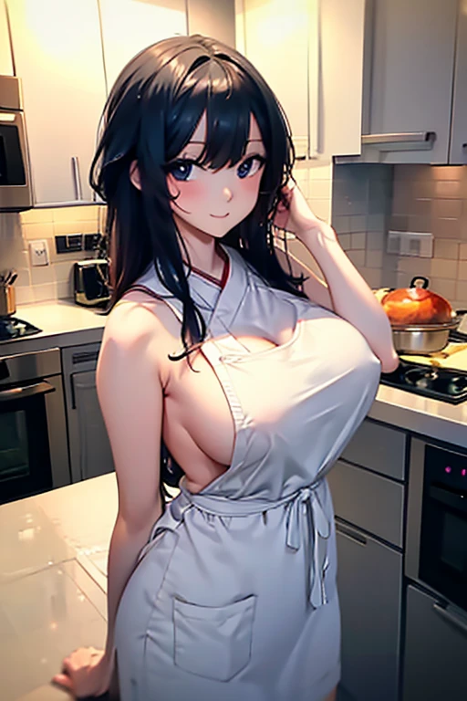 masterpiece, best quality, ultra-detailed, nsfw, apron on naked body, sexy, large breast, black hair, white apron, Kitchen, Detailed body with large breasts, no bra