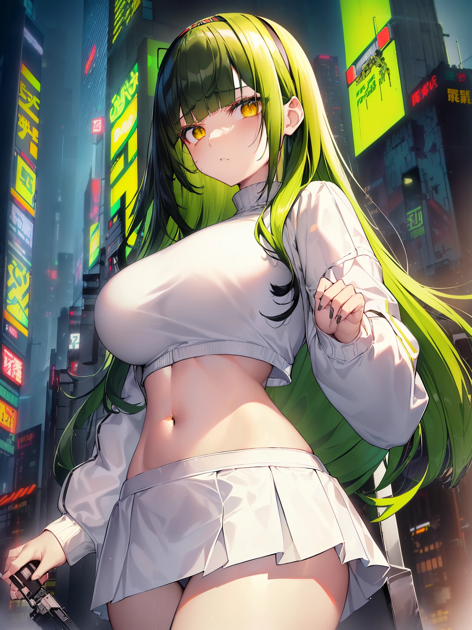 Dark green hair, ((Amber eyes:1.2)), Jitome, deadpan, scowl, sulking, Blunt bangs, Bangs, ((side bra top bangs with headband、Hanging、wearing oversized_Jacket、((White jacket))、wearing sweater、a short skirt、a navel、Colossal tits、Cyberpunk Girl、Young features、submachine gun