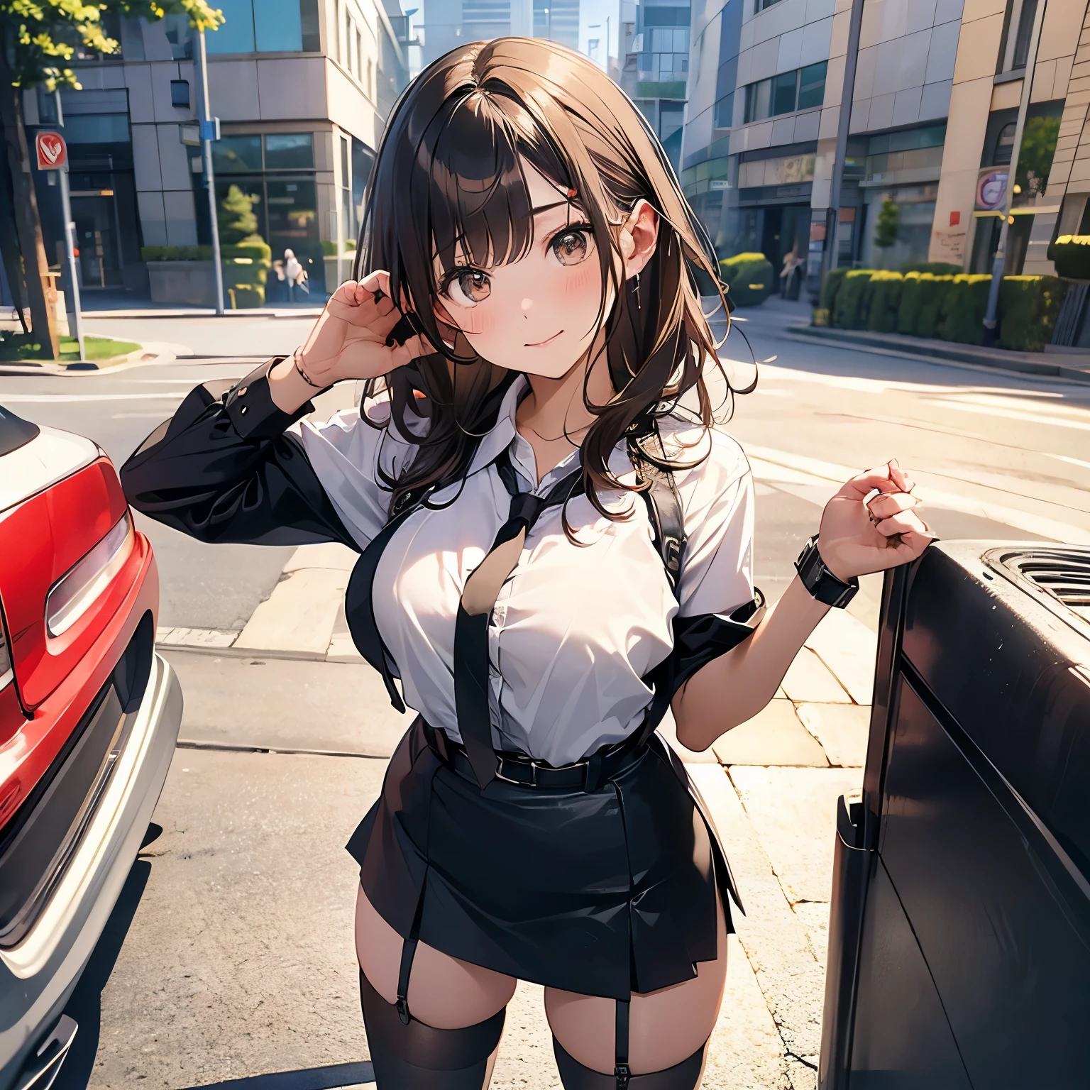 Brown hair、watching at viewers　　　black suspenders　　　Bulging big breasts　　 　 　　　walls: 　Black miniskirt　garters　　　　　　Gaze　　　Small face　bangss 　　　holster　　　Beautuful Women　　hands up　　レッグholster ベッドに横たわる　　Gaze 　black boots panty shot　provocation　flank　flank汗　soio 　arm　inside of a car　Fold your hands behind your back　a belt