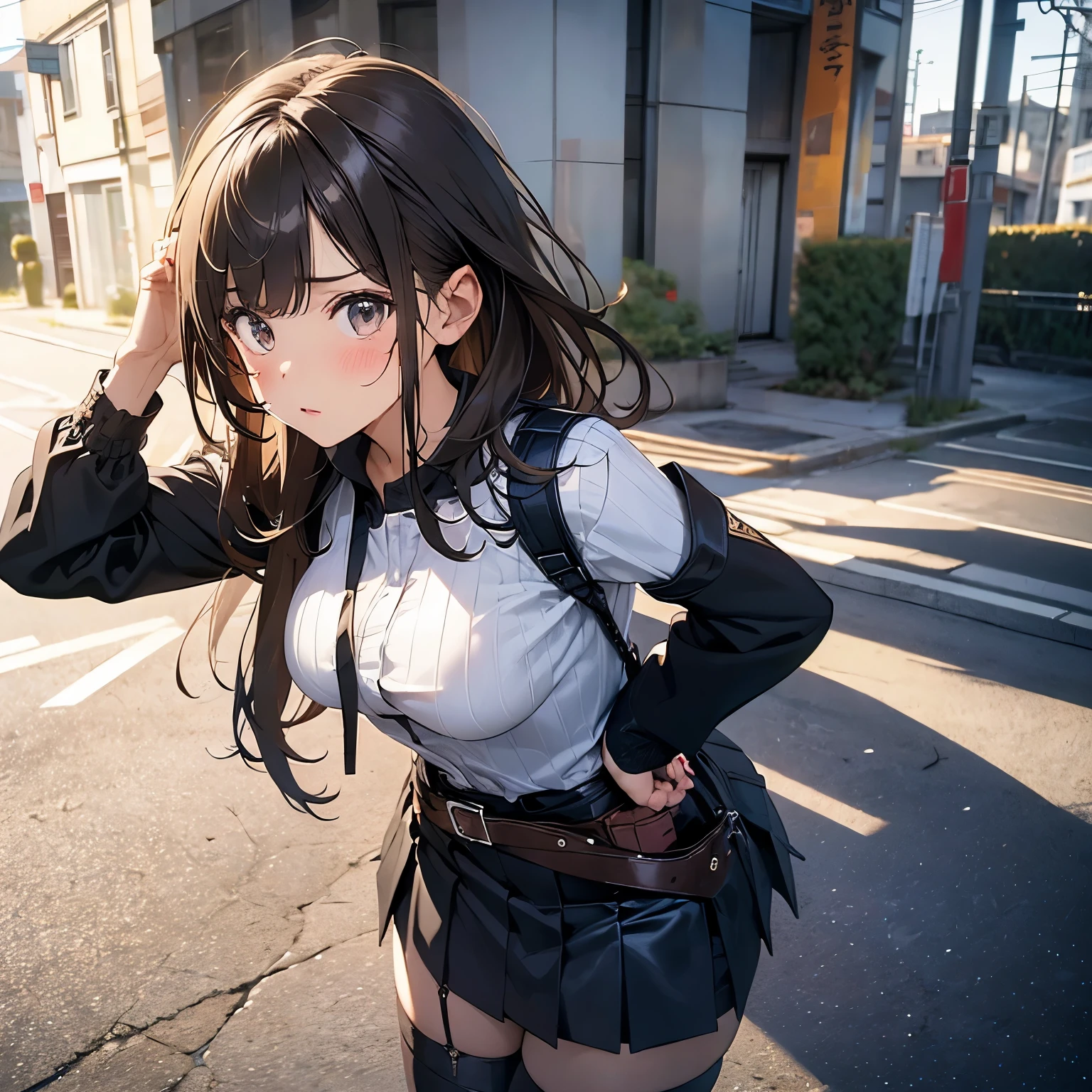 Brown hair、watching at viewers black suspenders Bulging big breasts walls: Black miniskirt garters Gaze Small face bangss holster Beautuful Women hands up レッグholster ベッドに横たわる Gaze 黒いブーツ Panchira provocation soio arm In the car Fold your hands behind your back belt dark face Panchira