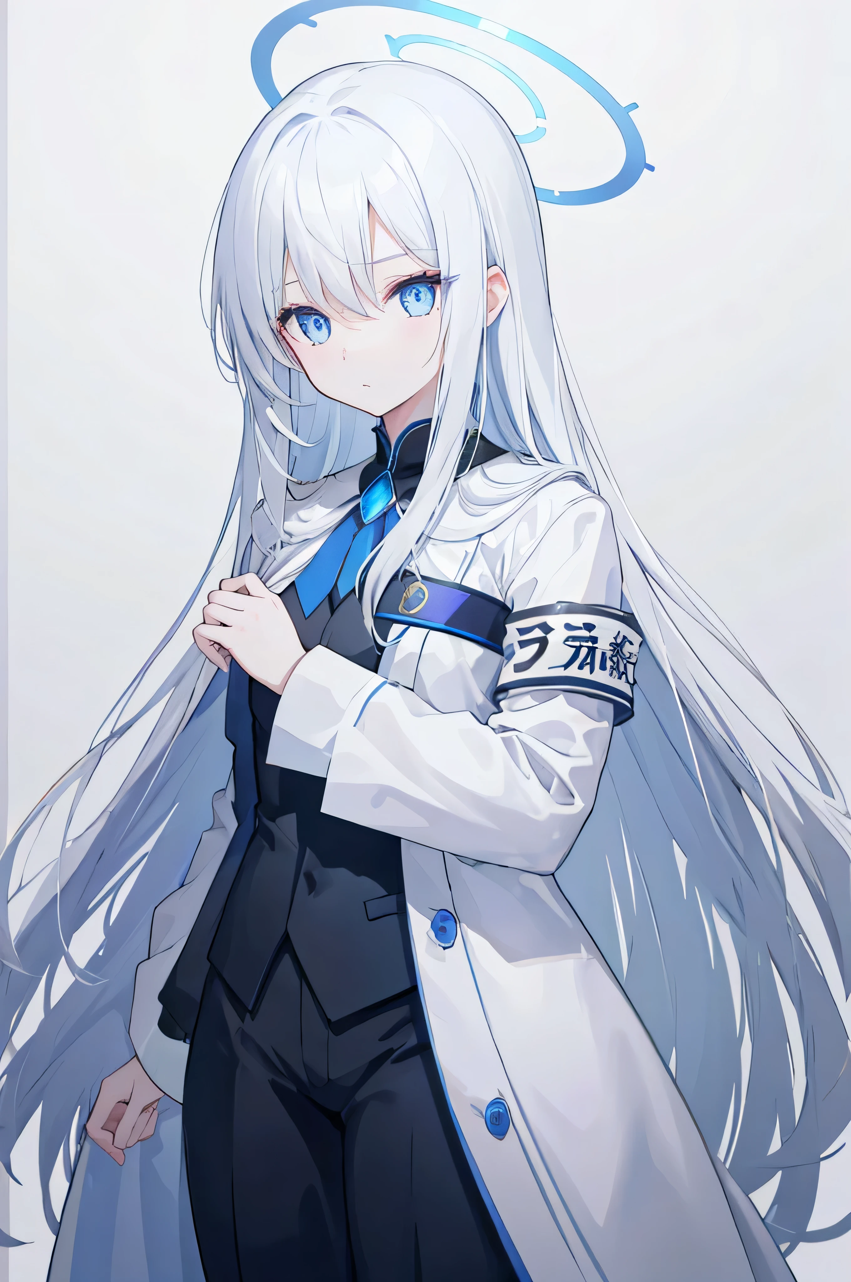 A human girl，sideways standing，white long straight hair，Hair has turned white，White hair，blue colored eyes，Highlights，The eyes glow blue light，Women's hands，novice，There is a blue halo directly above the head，Halo glows blue，Halos are polyhedral shapes，Handsome in black suit top，Wearing black suit and trousers，There are gold threads on the clothes，Wearing a white high-collared long cloak，cold hue's，独奏，sideways standing，tmasterpiece，Extremely exquisite and beautiful two-dimensional exquisite painting style，Extremely delicate and delicate，8K high image quality，CG wallpaper，k hd，bad milk，Women's hands，novice，Wearing an armband with three gold lines on his arm，Place one hand on your chest，one hand down