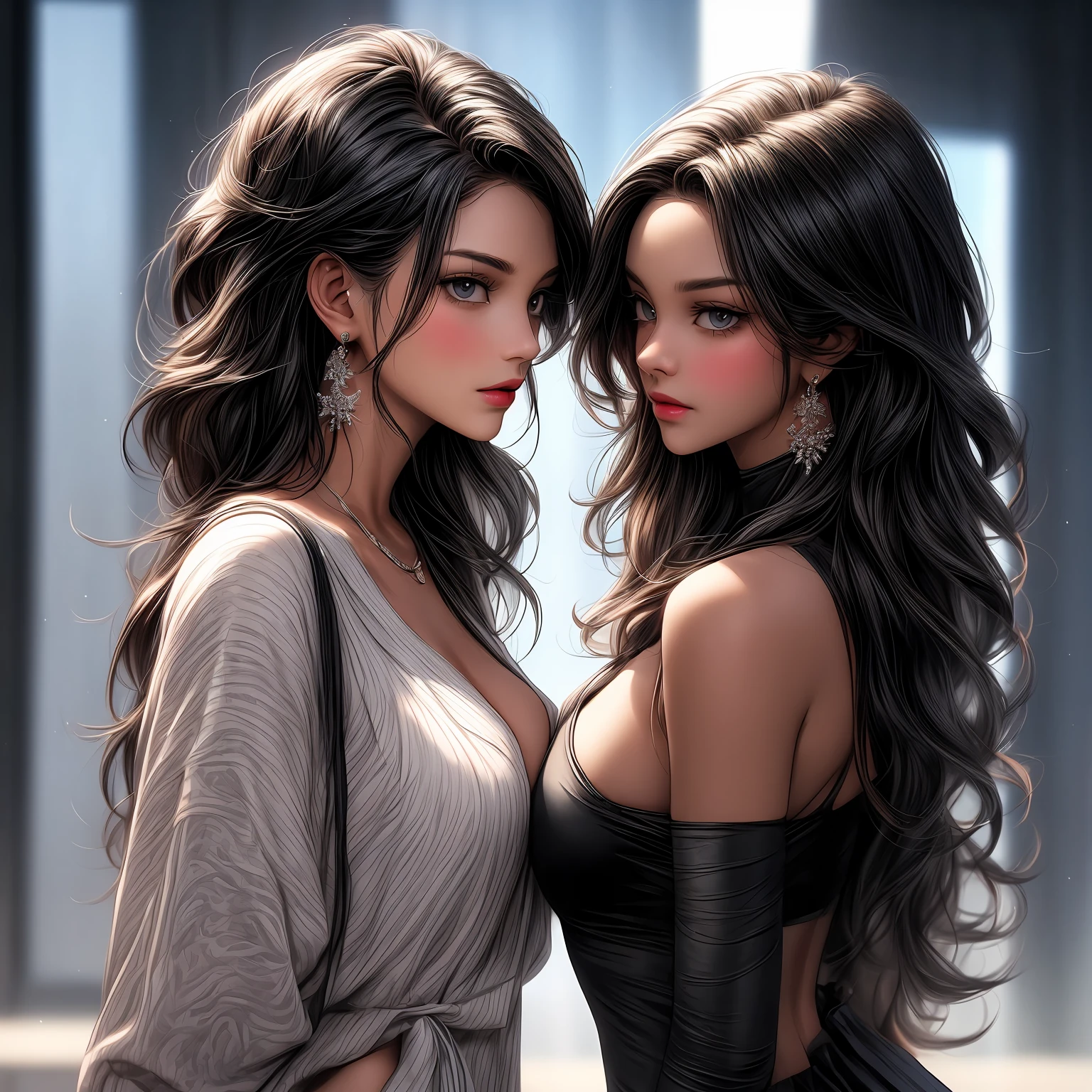 two women in black and white are standing next to each other, loish and wlop, black skin!!!, dark skin, ( ( dark skin ) ), beautiful gemini twins portrait, beautiful digital illustration, glossy digital painting, black skin, beautiful sci - fi twins, in style of digital illustration, rossdraws | afrofuturism, in the art style of bowater