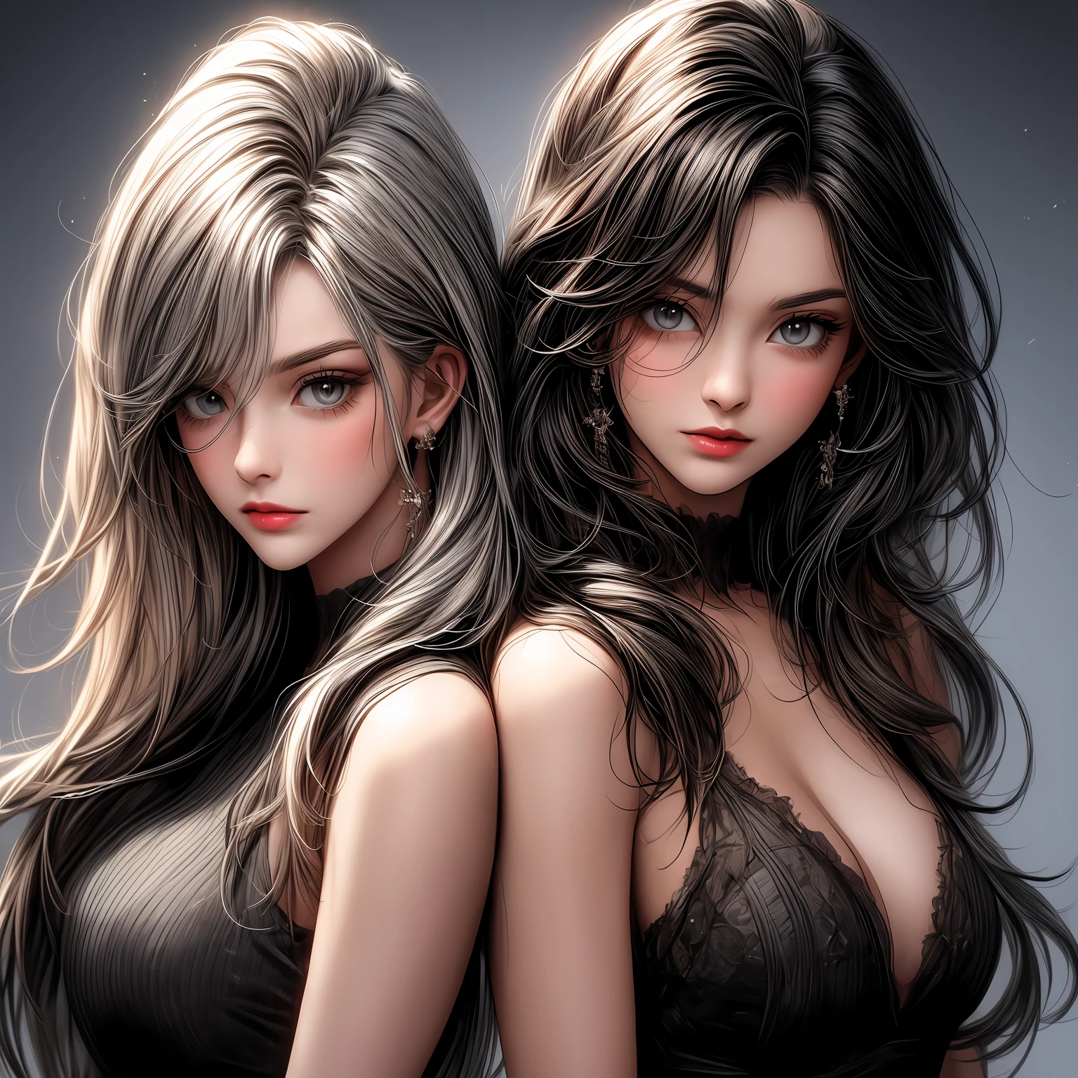 two women in black and white are standing next to each other, loish and wlop, black skin!!!, dark skin, ( ( dark skin ) ), beautiful gemini twins portrait, beautiful digital illustration, glossy digital painting, black skin, beautiful sci - fi twins, in style of digital illustration, rossdraws | afrofuturism, in the art style of bowater