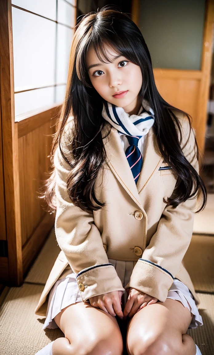 ulzzang-6500-v1.1, (Raw photo:1.2), (Photorealistic:1.4), Beautiful detailed girl, Very detailed eyes and face, Beautiful detailed eyes, Ridiculous, Incredibly ridiculous, Huge file size, Ultra detailed, High Definition, Very detailed, Best quality, Masterpiece, Kemomimi, ((Japan Girls' High School Uniform)), Illustration, Very detailed, CG, Unification, 8k wallpaper, fantastic, fine detail, masterpiece, best quality, highly detailed cg uniform 8k wallpaper, light on face, movie lighting,  girl, (without panties)), ((dynamic pose))), (camel toe), (half), (bare feet), (sitting legs bending knees))