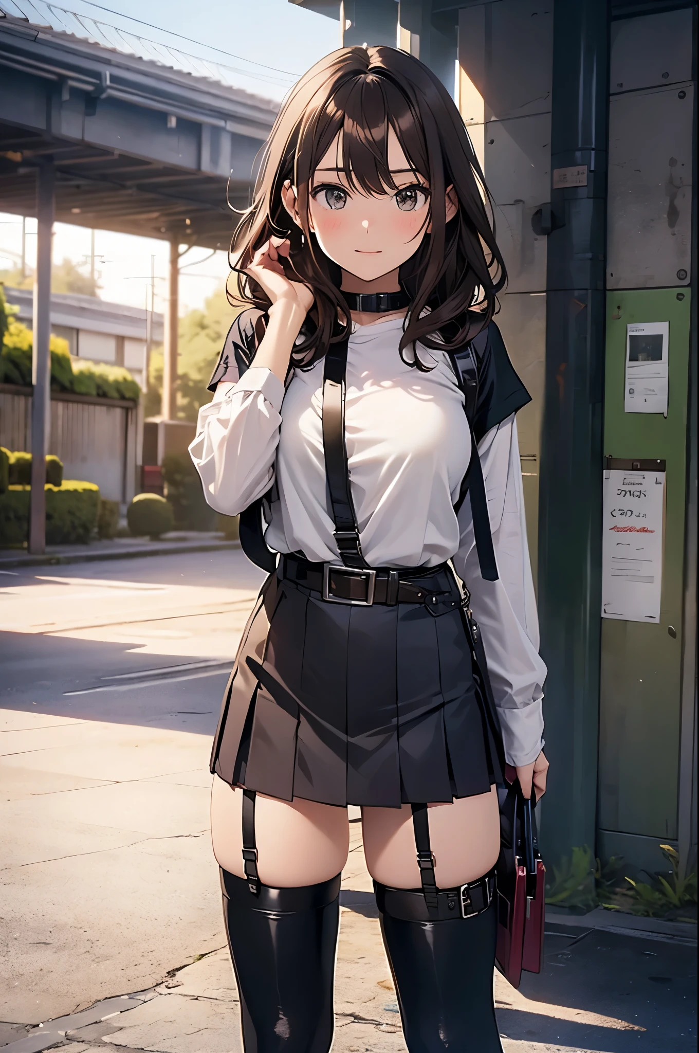 Brown hair、watching at viewers　　　black suspenders　　　Bulging big breasts　　 　 　　　walls: 　Black miniskirt　garters　　　　　　Gaze　　　Small face　bangss 　　　holster　　　Beautuful Women　　hands up　　レッグholster ベッドに横たわる　　Gaze 　black boots panty shot　provocation　　soio 　arm　In the car　Fold your hands behind your back　belt dark face