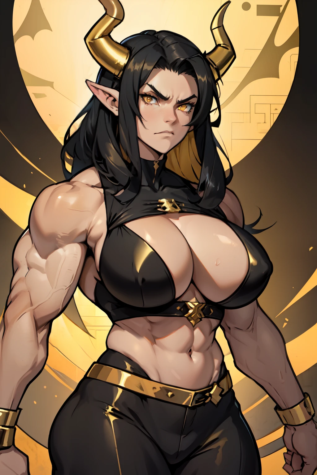 angry (((muscular girl toned body massive breasts horns))) long black hair yellow eyes pale skin gold gold gold gold gold gold