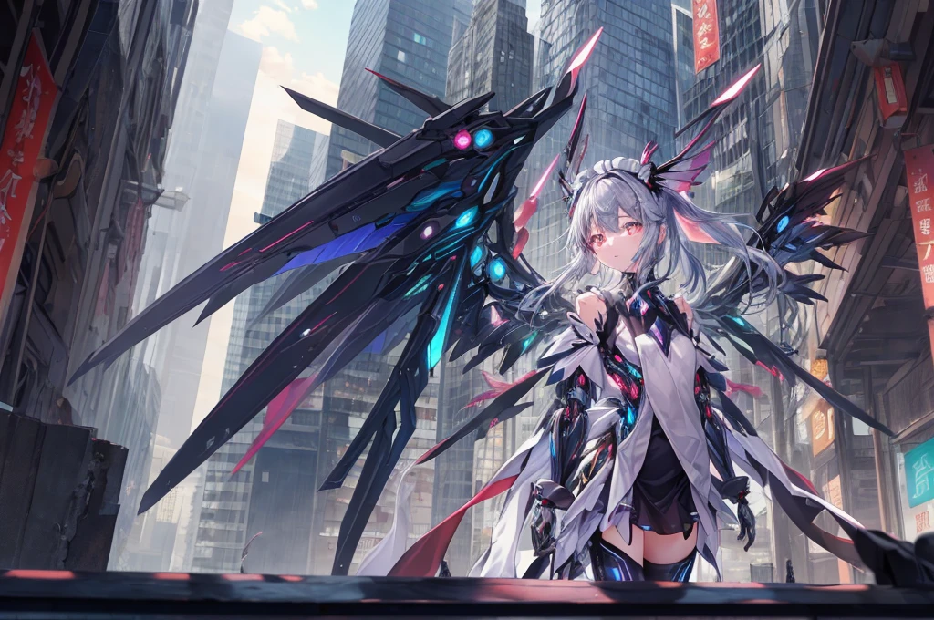 top-quality、ighly detailed、masterpiece、((1girl in))、silber hair、length hair、Floating hair、、Cyber City、Neon building、(The upper part of the body:1.05)、extremely_Detailed_Eyes_And_Face,cybernetic wings mechanical wings、Random posture、Skyscraper、、Mechumusume、shrine maiden clothe,maid clothes、Random angles、anime styled,cowboy shot