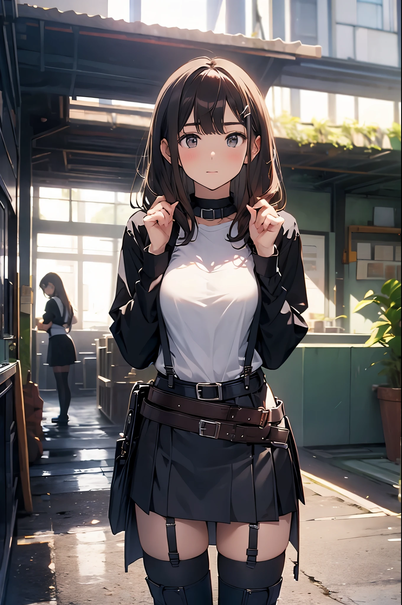 Brown hair、watching at viewers　　　black suspenders　　　Bulging big breasts　　 　 　　　walls: 　Black miniskirt　garters　　　　　　Gaze　　　Small face　bangss 　　　holster　　　Beautuful Women　　hands up　　レッグholster ベッドに横たわる　　Gaze 　black boots panty shot　provocation　flank　flank汗　soio 　arm　inside of a car　Fold your hands behind your back　a belt