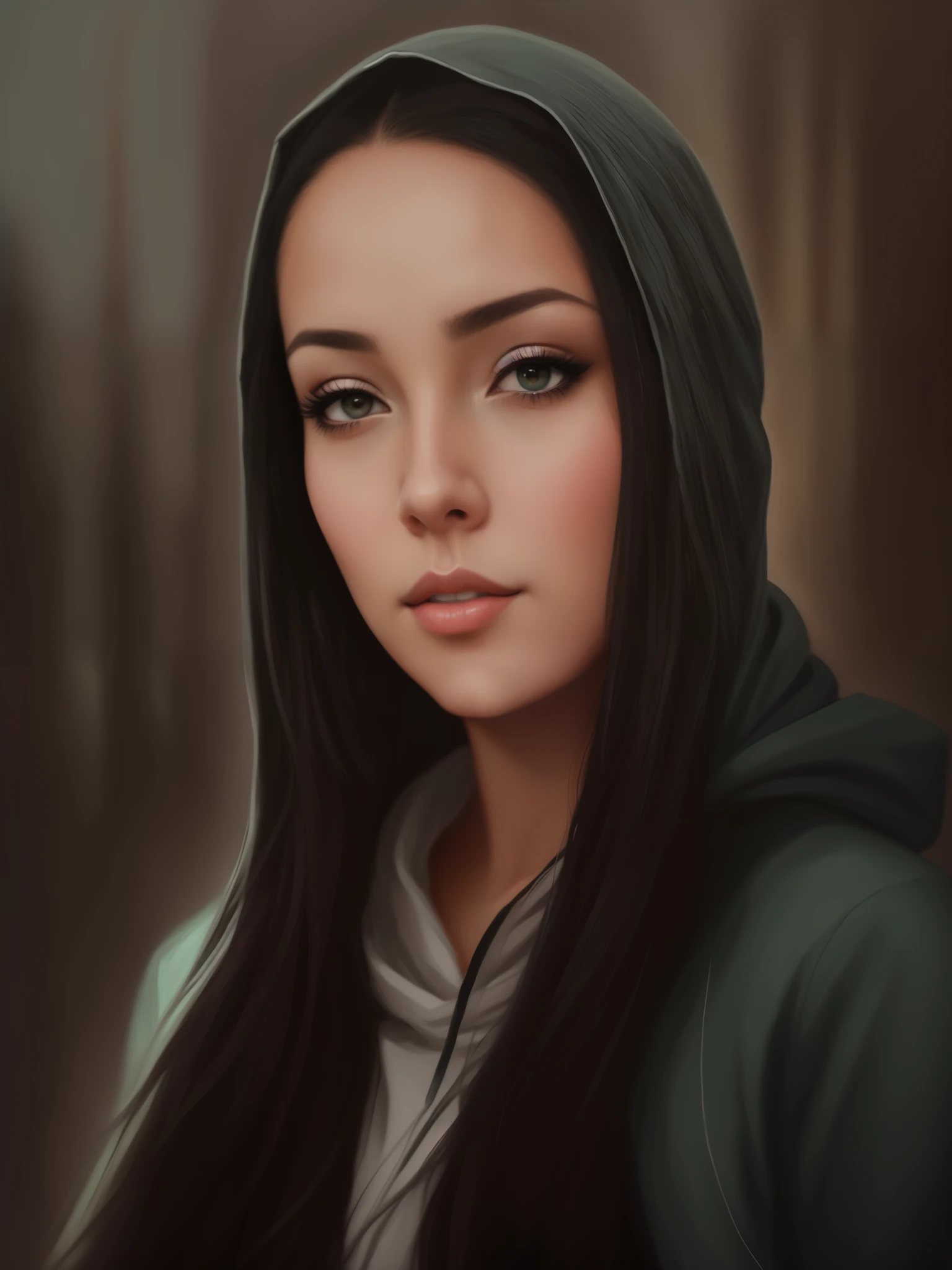 Painting of a woman with a hood on her head, gorgeous digital painting, fantasy art portrait, beautiful character painting, fantasy portrait art, Stunning digital painting, beautiful fantasy art portrait, digital fantasy portrait, Oil painting of a realistic woman, Black-haired girl in hoodie, Fantasy genre portrait, elegant digital painting, beautiful digital painting, epic fantasy art portrait, realistic digital painting