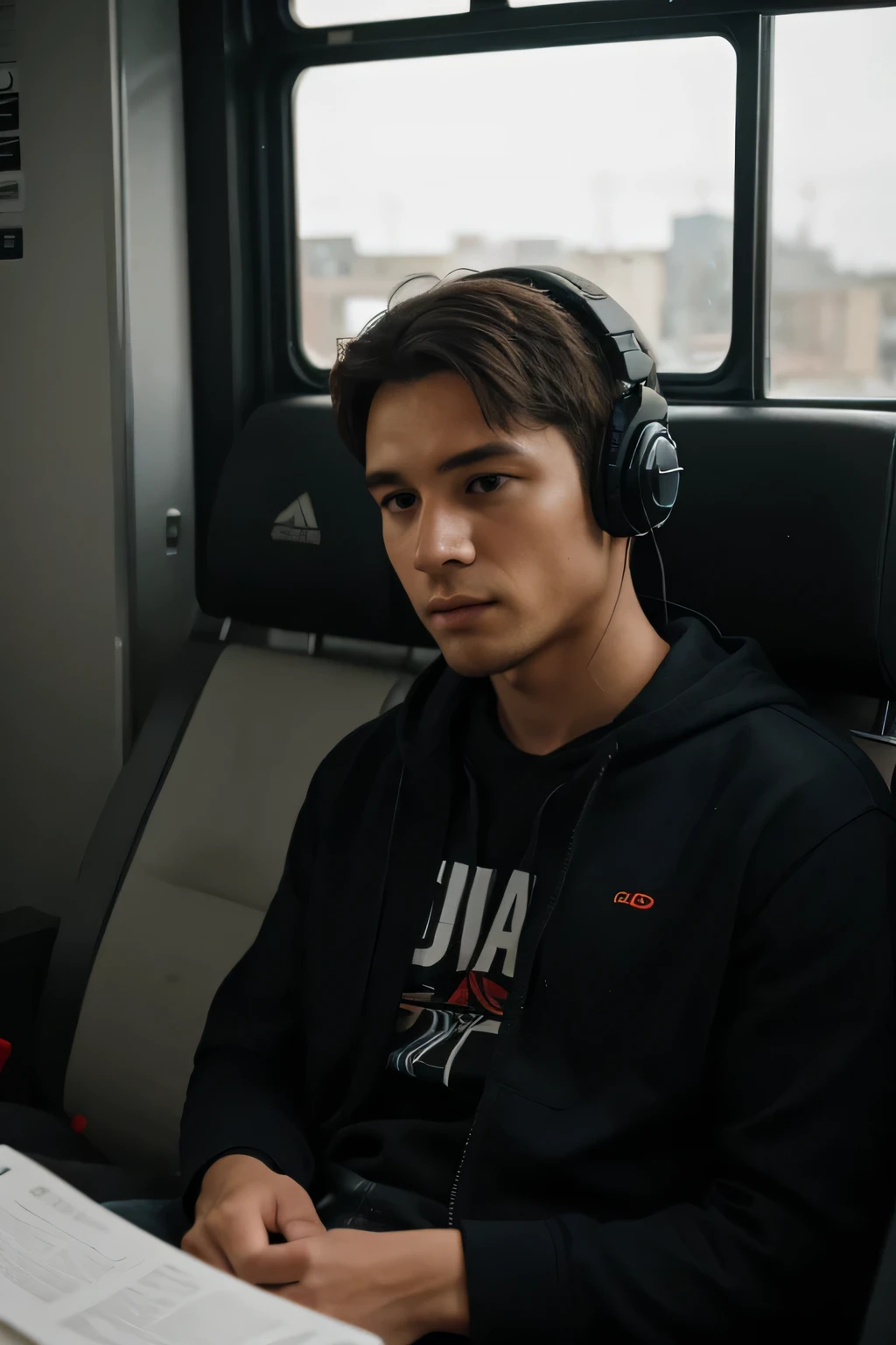 photograph close up portrait of Young man listening music on a bus with headphones, cinematic 4k epic detailed 4k epic detailed photograph shot on kodak detailed bokeh cinematic hbo dark moody