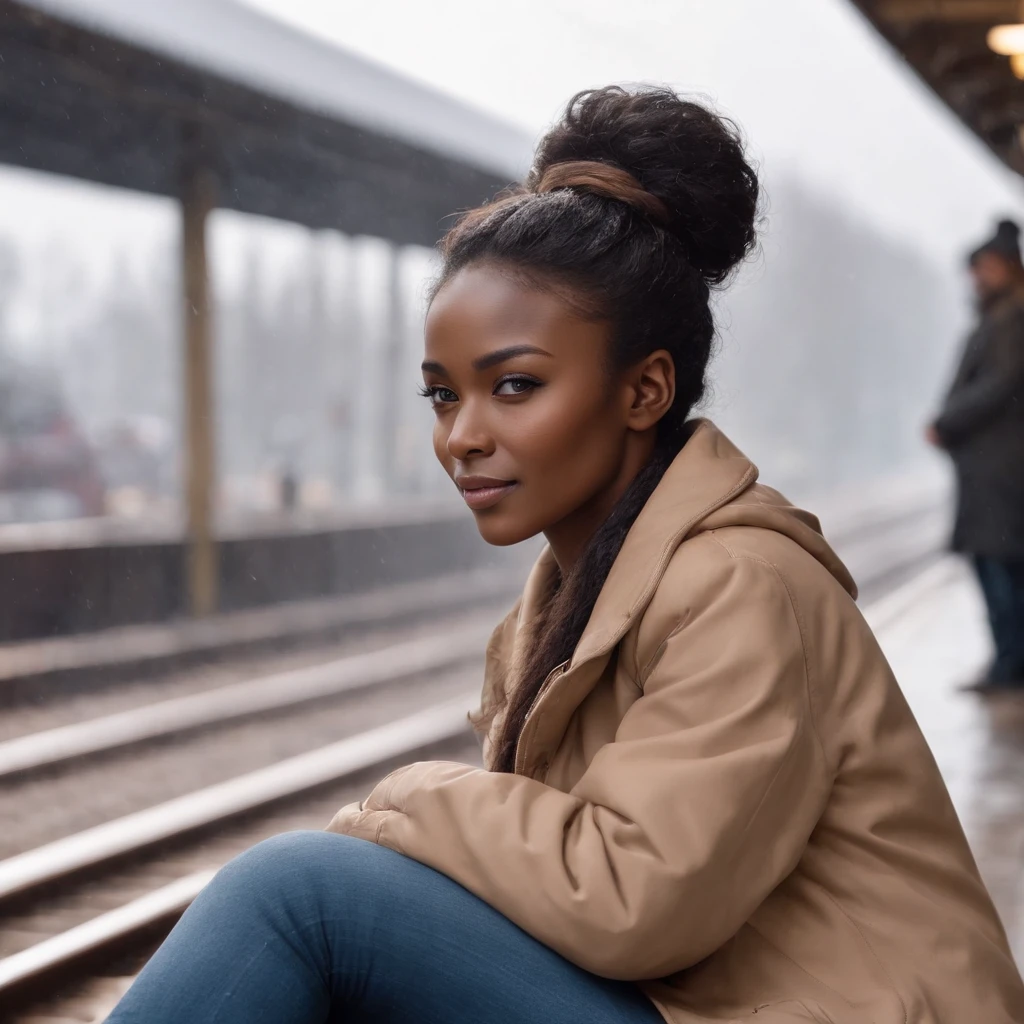 ((Dark African skin, Very deep ebony skin)), ((Its beauty is undeniable)), ((Excited cute face)), ((Hyper detailed perfect eyes,)), ((Language output)), ((Tired)), sexy, ((beige warm winterjacket, jeans, train station, sitting at the train station)), ((Afro ponytail with long African curly hair,)), ((skin)), ((sitting, front view)), ((touching her own legs in a sexy pose)), ((train station, raining, sitting at the train station, morning, winter, people in the background)), Sharp Focus CGI, photorealistic, High detail, Realistic, Masterpiece, absurd, Best quality, Hdr, High quality, high-definition, Extremely detailed, 8k wallpaper, Intricate details, 8K UHD, Full-HD, (photo realist:1.2), contrast, intense illumination, lighting cinematic, natural lighting, morning light, winter, Illumination globale, African women, Female sexy, The Hague