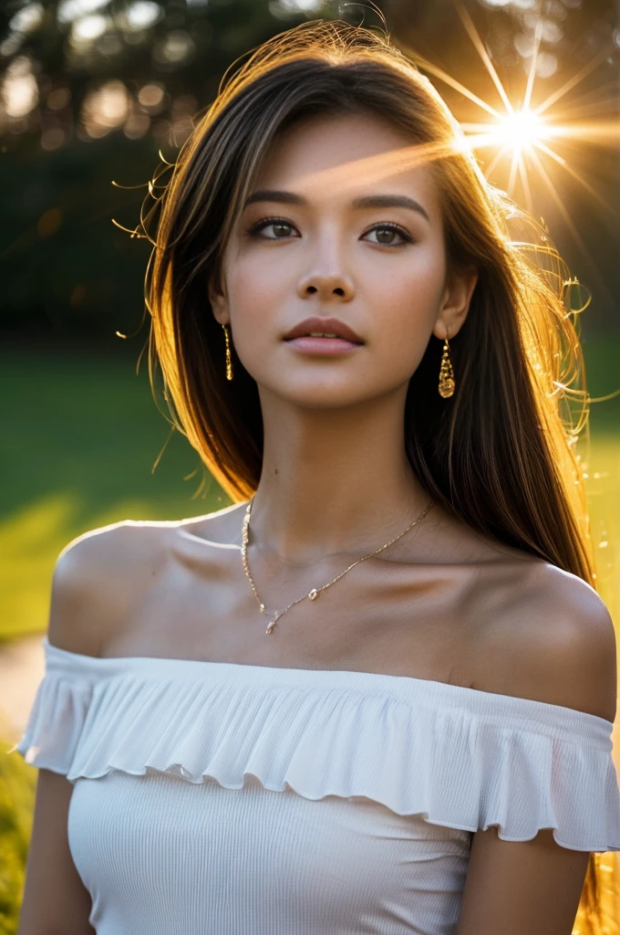 (Photoreal Stick:1.5, masutepiece:1.5, 8K), (top-quality, ​masterpiece, 超A high resolution), (Face Sharp Focus:1.45), Professional camera work:1.25, Highly detailed skin and facial texture:1.3, Grow Light Effect, The ultra-detailliert:1.3, 1girl in, Fair skin, (Sense of clarity:1.5), Extremely beautiful face:1.3, Sense of clarityを感じる目:0.9, looking distantly, Enraptured look:1.0, i love you completely:0.8, slightly open mouth:0.4, Sense of clarityを感じる口当たり:0.7, 二重まぶた, Dark brown medium hair, necklace and earrings, looking at viewert, (the morning sun, Intense sunlight:1.3, sunlight shining from behind:1.3, Strong sunlight spreads across the screen:1.5)