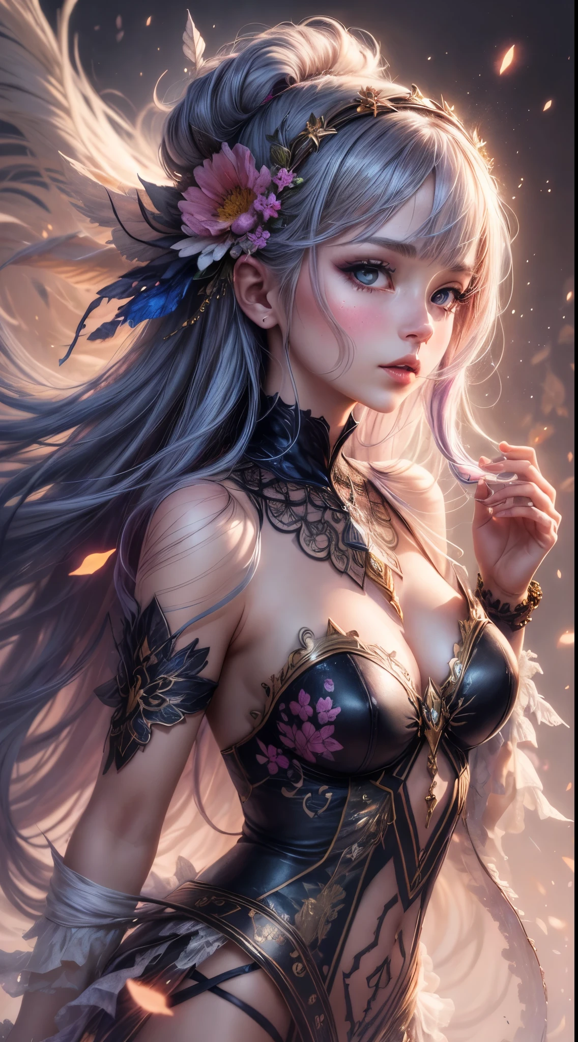 A captivating anime girl gracefully emerges from the pages of a watercolor painting, her vibrant and intricate colors breathing life into the artwork. She wears extraordinary fantasy costumes,Decorated with exquisite details, reflecting the enchanting world she inhabits. Luminescent elements, like glowing crystals and ethereal wisps, surround her, casting a soft, otherworldly glow. The watercolor style imbues the image with a sense of fluidity and delicacy, as if the colors are effortlessly blending and bleeding into one another. Camera shot: Medium Shot, Camera lens: softfocus, Lighting: luminescent glow, watercolor brushstrokes,
