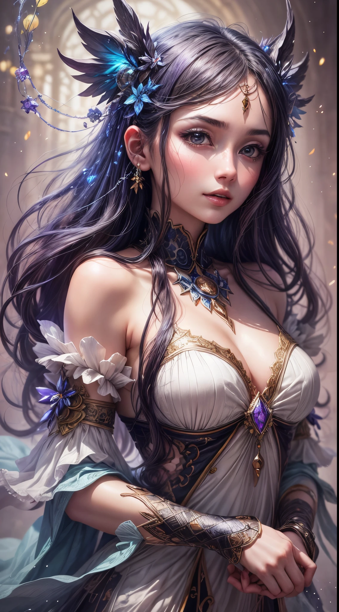 A captivating anime girl gracefully emerges from the pages of a watercolor painting, her vibrant and intricate colors breathing life into the artwork. She wears extraordinary fantasy costumes，Decorated with exquisite details, reflecting the enchanting world she inhabits. Luminescent elements, like glowing crystals and ethereal wisps, surround her, casting a soft, otherworldly glow. The watercolor style imbues the image with a sense of fluidity and delicacy, as if the colors are effortlessly blending and bleeding into one another. Camera shot: Medium Shot, Camera lens: softfocus, Lighting: luminescent glow, watercolor brushstrokes,