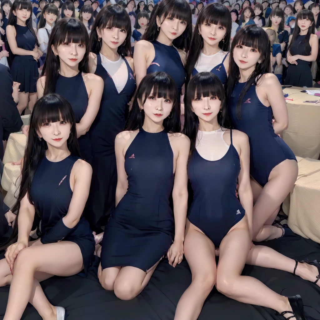 Raw photo、(((multiple girls))),((((6+girls)))),((((100 girls)))),((((1000 girls)))),(((crowd shot))),Women only、((Everyone has the same face))、((Matching navy blue school swimsuit))、6 years old、Long black hair、japanes、水着姿のかわいい女子elementary student100人、a smile、selfee、same person、elementary student、dress room、chiquita,((bare legs))