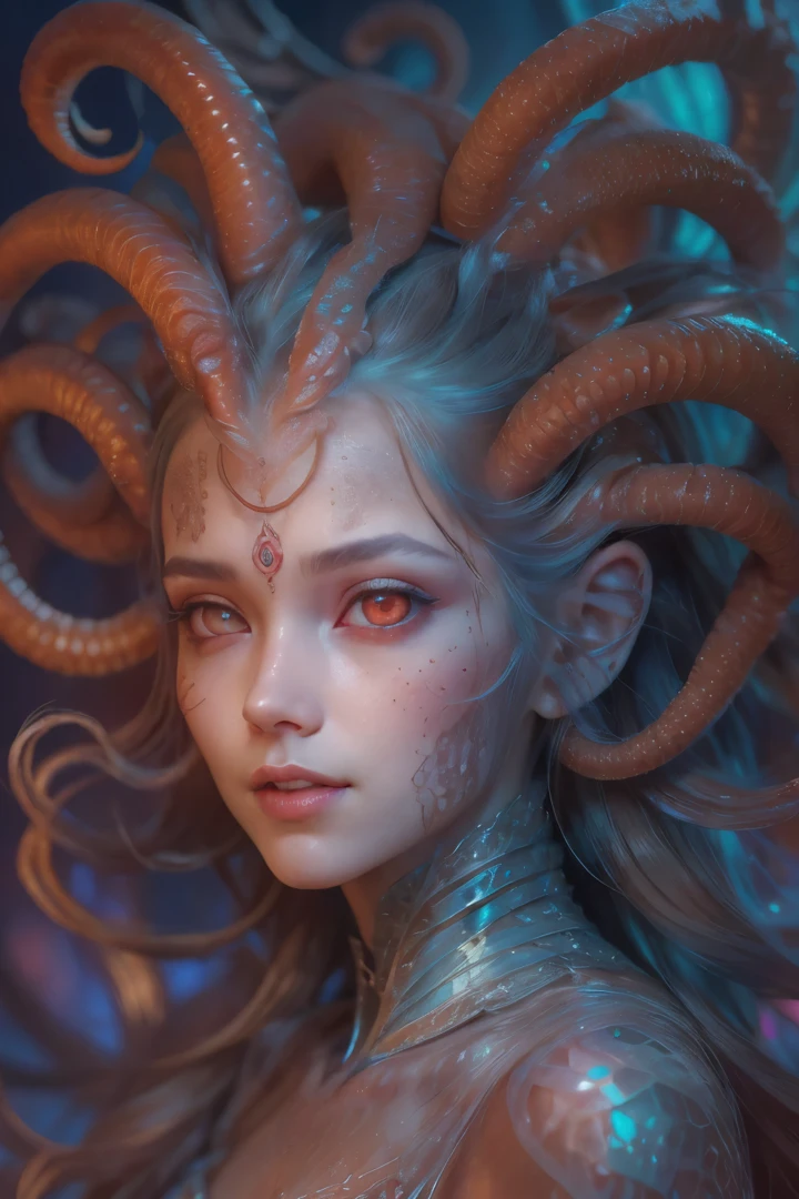 Portrait, (beautiful female alien:1.2), (There is a female genital-like organ in the middle of the forehead.:1.8), (The most beautiful face in the history of the universe:1.2), (scarlet eyes:1.6), (Translucent skin:1.8), an evil gaze that seduces , (red eyes:1.5), Full body like, (sexypose:1.5), alien, No humans, cells are fused, (Lots of translucent tentacles:1.1) (Translucent skin:1.3), extraterrestrial, cell, bio image, 魅惑的, Best Quality, 8K,4K_quality, High Definition, Dramatic Lighting, masutepiece:1.5,cinematic quality, detail up, (Intricate details:1.2), High resolution, High Definition, drawing faithfully, (Thick eyebrows:1.2), Beautiful eyes with fine symmetry, (Ultra detailed eyes:1.2),(Highly detailed face and eyes:1.2), (High-resolution red-eye:1.4), Intimate face, (Super detailed skin quality feeling:1.4), Perfect Anatomy, (Beautiful toned body:1.5), (Moist skin:1.2), No makeup, (dark circles:1.1), long canines, cinematic drawing of characters, ultra high quality model, cinematic quality, detail up, (Intricate details:1.2), High resolution, High Definition, drawing faithfully, Official art, Unity 8K wall , 8K Portrait, Best Quality, Very High resolution, ultra detailed artistic photography, midnight aura, unreal enginee 5, Ultra Sharp Focus, art by alberto seveso, ArtGerm, Roisch, intricate artwork, Medusa, best quality, masutepiece, ultra High resolution, (photos realistic:1.4), Ultra-realistic realism, dream-like, nautilus, Creation of fantasy, Snail, Dream Snail, biopunk nautilus, Thrilling color schemes, Ultra-realistic realism, seductively smiling, Blue tentacles