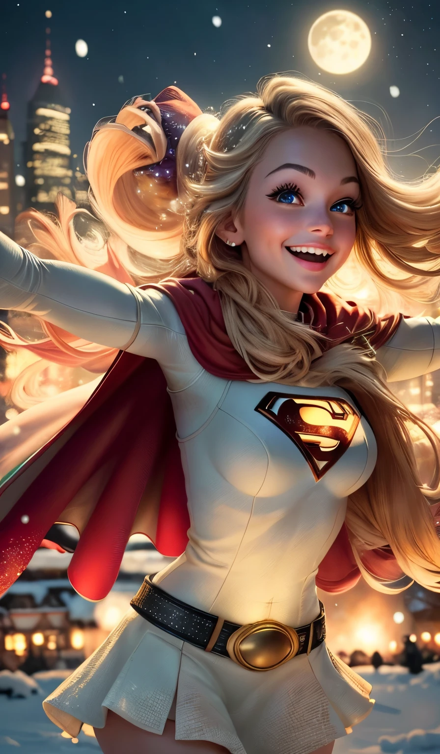 (best quality,4k,8k,highres,masterpiece:1.2),ultra-detailed,(realistic,photorealistic,photo-realistic:1.37),Supergirl wearing a Santa suit,beautiful detailed eyes,beautiful detailed lips,extremely detailed eyes and face,longeyelashes,red cape flowing in the wind,shiny golden tiara,costume with vibrant red and white colors,golden belt with a large "S" symbol,gloves with white trim and the "S" symbol on the back,flying in the sky with skyscrapers and snow-covered rooftops below,fairy lights twinkling in the background,graceful and confident pose,smiling with joy,sparkling snowflakes falling around her,city covered in a blanket of snow,glowing moon shining brightly,celebratory atmosphere,urban landscape decorated with Christmas lights and ornaments,children below looking up in awe,warm and inviting ambiance,cheerful and festive mood,colorful presents scattered on the ground in front of her,powerful and awe-inspiring presence,bokeh lights adding a magical touch,holiday spirit in the air,excitement and anticipation for Christmas,world filled with hope and happiness.
lamplight： 
The scene is softly lit with warm yellow light, casting a gentle glow on Supergirl's face and illuminating the surrounding area. The moonlight bathes the landscape in a soft, silvery light, creating a dreamy and enchanting atmosphere. The city below is adorned with colorful Christmas lights, adding a festive and joyful ambiance to the scene. The fairy lights in the background twinkle and create a magical aura, enhancing the overall charm of the artwork.