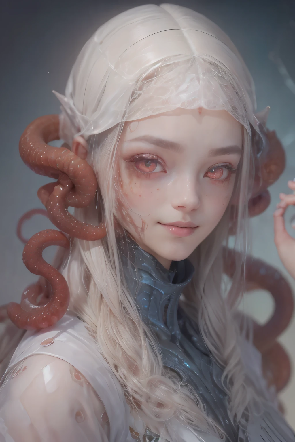 Portrait, (beautiful female alien:1.2),  (There is a female genital-like organ in the middle of the forehead.:1.8), (The most beautiful face in the history of the universe:1.2), (scarlet eyes:1.6), (Translucent skin:1.8), an evil gaze that seduces , (red eyes:1.5), Full body like, (sexypose:1.5), alien, No humans, cells are fused, (Lots of translucent tentacles:1.1) (Translucent skin:1.3), extraterrestrial, cell, bio image, 魅惑的, Best Quality, 8K,4K_quality, High Definition, Dramatic Lighting, masutepiece:1.5,cinematic quality, detail up, (Intricate details:1.2), High resolution, High Definition, drawing faithfully, (Thick eyebrows:1.2), Beautiful eyes with fine symmetry, (Ultra detailed eyes:1.2),(Highly detailed face and eyes:1.2), (High-resolution red-eye:1.4), Intimate face, (Super detailed skin quality feeling:1.4), Perfect Anatomy,  (Beautiful toned body:1.5),  (Moist skin:1.2), No makeup, (dark circles:1.1), long canines, cinematic drawing of characters, ultra high quality model, cinematic quality, detail up, (Intricate details:1.2), High resolution, High Definition, drawing faithfully, Official art, Unity 8K wall  , 8K Portrait, Best Quality, Very High resolution, ultra detailed artistic photography, midnight aura,  unreal enginee 5, Ultra Sharp Focus, art by alberto seveso, ArtGerm, Roisch, intricate artwork, Medusa, best quality, masutepiece, ultra High resolution, (photos realistic：1.4), Ultra-realistic realism, dream-like,  nautilus, Creation of fantasy, Snail, Dream Snail,  biopunk nautilus, Thrilling color schemes， Ultra-realistic realism， seductively smiling, Blue tentacles