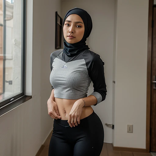 Malay female wearing hijab jersey shirt and leggings with attractive body