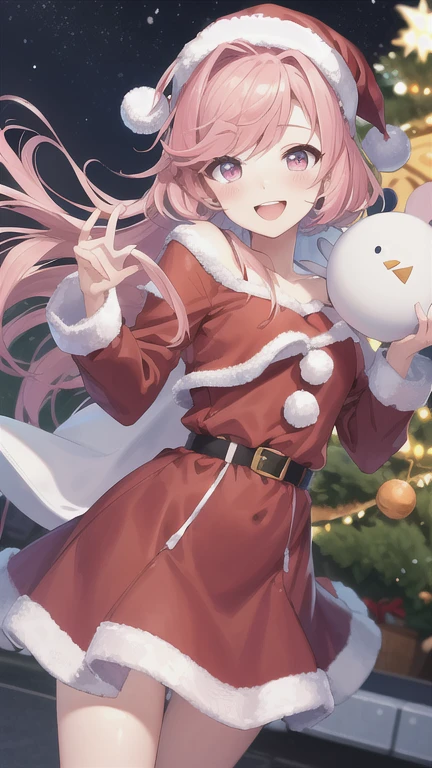 anime girl,natsuki doki doki literature club,wearing santa's costume,pink hair girl,cute anime girl,smiling,best quality,high resolution,exteremely detailed,detailed background,perfect ligthning,nigth,snow,pink eyes,beautifiel anime potrait,potrait anime girl,beautiful anime girl,holding christmas gift,using christmas gift,position a little backwards