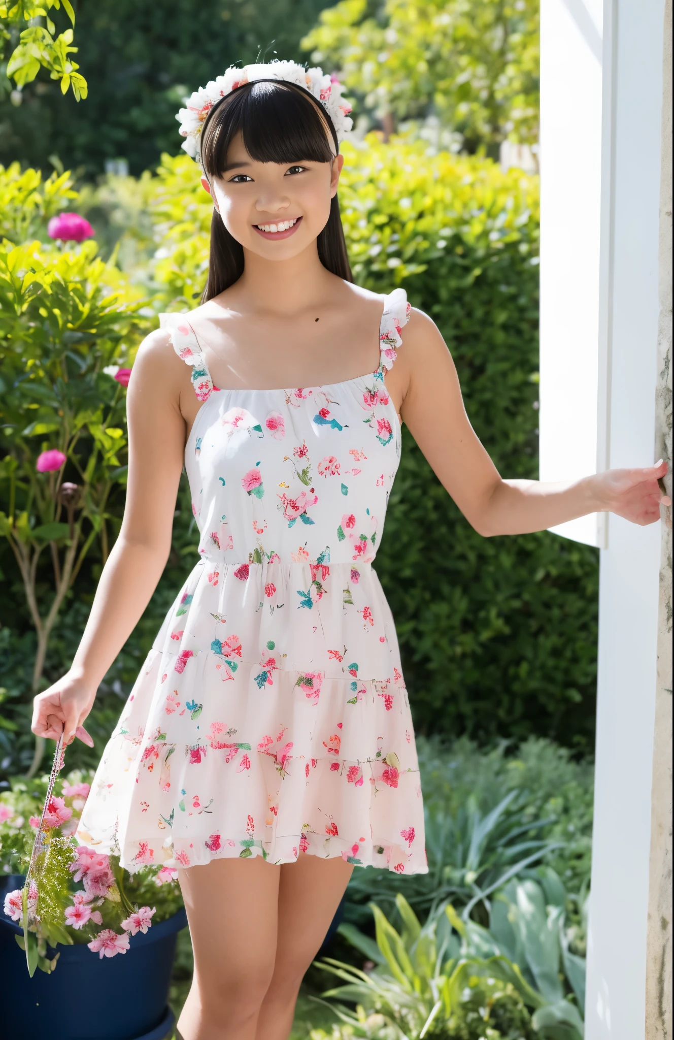 1girl in, :D, animal ear fluff, Animal ears, Bangs, black hairbanD, blonDe hair, Blurry, Blurry backgrounD, Depth of fielD, Dress, flower, flower pot, frilleD Dress, frilld, green Dress, Green eyes, hairbanD, holDing, Long hair, Open mouth, pink flower, plant, potteD plant, sketch, Sleeveless, Sleeveless Dress, Smile, Solo, tail, Wrist cuffs, yellow flower, 1980s (Style)