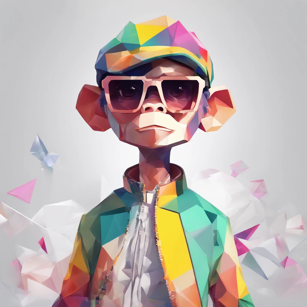 Perfect alignment, Cute little monkey in jacket,Crystal Vase,Rose flower, Wearing sunglasses, cheerfulness, Standing position, Abstract beauty, Centered, Looking at the camera, Facing the camera, Approaching perfection, Dynamic, Highly detailed, Smooth, Sharp Focus, 8K, hight resolution, Illustration, art by carne griffiths and wadim kashin, White background、Colorful Sunglasses、wearing a baseball cap