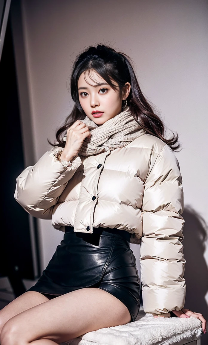 ulzzang -6500-v1.1, (Raw foto:1.2), (Photorealsitic:1.4), a beautiful detailed girl, ighly detailedな目と顔, beatiful detailed eyes, Ridiculous, unbelievable Ridiculous, huge filesize, ultra-detailliert, hight resolution, ighly detailed, top-quality, ​masterpiece, Kemomimi, ((wearing a white scarf around his neck)), ((black puffy down jacket)), (((Tight skirt))), illustratio, ighly detailed, nffsw, unification, 8k wallpaper, astonishing, finely detail, ​masterpiece, top-quality, Highly detailed ticker uniform 8K wallpaper, face lights、Cinematographic lighting、((4-girls))、20yr old、(witheout panties)、((dynamicposes)))、(camel's toe)、(half)、(Crooked knees and legs sitting)),