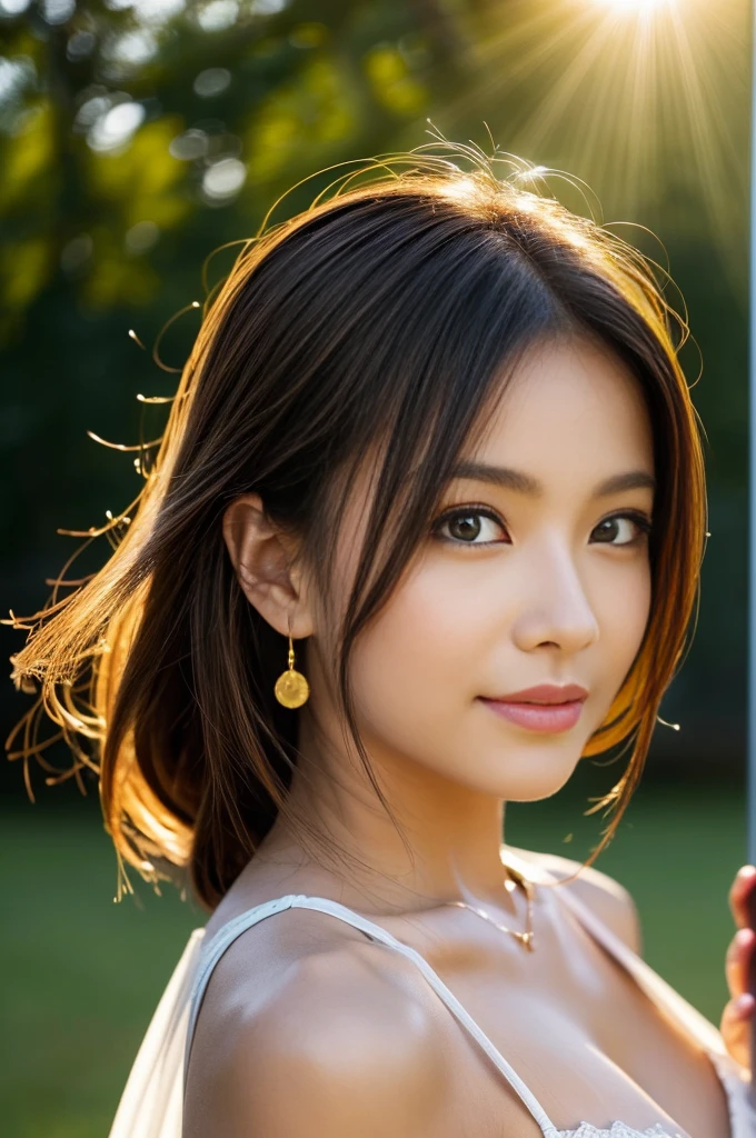 (Photoreal Stick:1.5, masutepiece:1.5, 8K), (top-quality, masterpiece, 超A high resolution), (Face Sharp Focus:1.45), Professional camera work:1.25, Highly detailed skin and facial texture:1.3, Grow Light Effect, The ultra-detailliert:1.3, 1girl in, Fair skin, (Sense of clarity:1.5), Extremely beautiful face:1.3, Sense of clarityを感じる目:0.9, looking distantly, Enraptured look:1.0, i love you completely:0.8, slightly open mouth:0.4, Sense of clarityを感じる口当たり:0.7, 二重まぶた, Dark brown medium hair, necklace and earrings, looking at viewert, (the morning sun, Intense sunlight:1.3, sunlight shining from behind:1.3, Strong sunlight spreads across the screen:1.5)