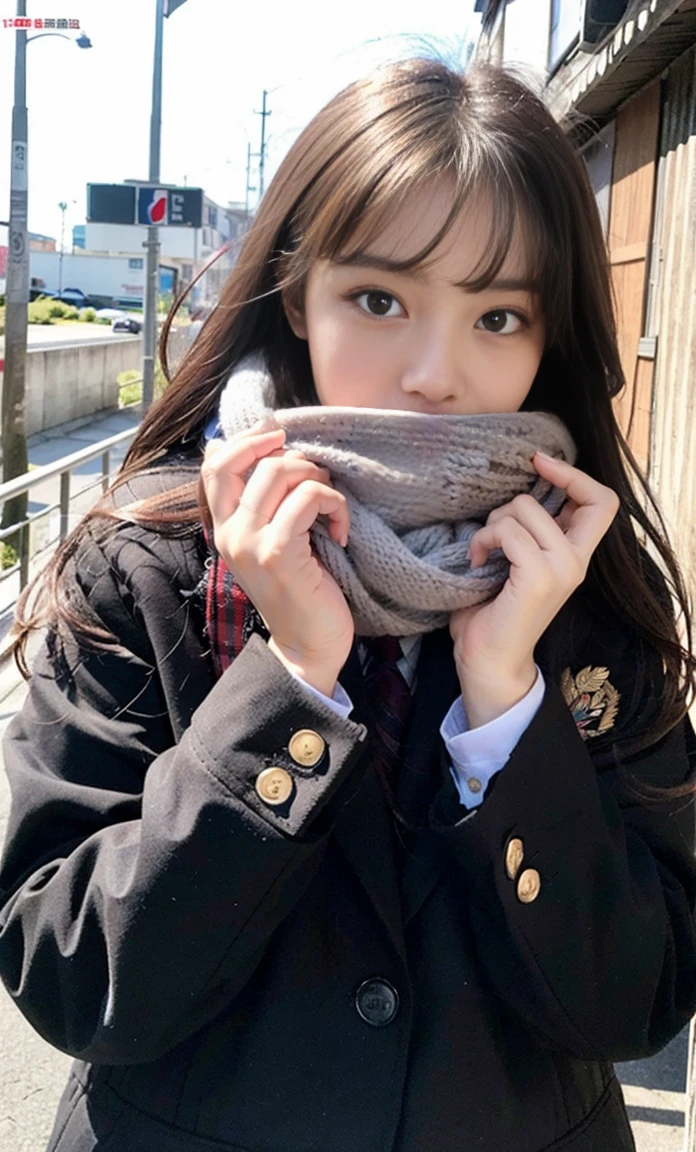 ulzzang -6500-v1.1, (Raw foto:1.2), (Photorealsitic:1.4), a beautiful detailed girl, ighly detailedな目と顔, beatiful detailed eyes, Ridiculous, unbelievable Ridiculous, huge filesize, ultra-detailliert, hight resolution, ighly detailed, top-quality, ​masterpiece, Kemomimi, ((bury your face in your scarf)), (((Japan schoolgirl uniform))), ((black puffy down jacket)), illustratio, ighly detailed, nffsw, unification, 8k wallpaper, astonishing, finely detail, ​masterpiece, top-quality, Highly detailed ticker uniform 8K wallpaper, face lights、Cinematographic lighting、1girl in、20yr old、((Fulll body Shot))