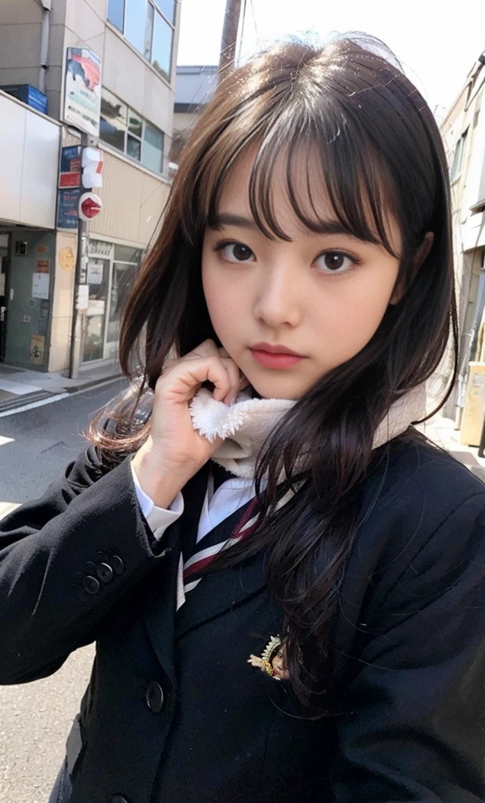 ulzzang -6500-v1.1, (Raw foto:1.2), (Photorealsitic:1.4), a beautiful detailed girl, ighly detailedな目と顔, beatiful detailed eyes, Ridiculous, unbelievable Ridiculous, huge filesize, ultra-detailliert, hight resolution, ighly detailed, top-quality, ​masterpiece, Kemomimi, ((bury your face in your scarf)), (((Japan schoolgirl uniform))), ((black puffy down jacket)), illustratio, ighly detailed, nffsw, unification, 8k wallpaper, astonishing, finely detail, ​masterpiece, top-quality, Highly detailed ticker uniform 8K wallpaper, face lights、Cinematographic lighting、1girl in、20yr old、((Fulll body Shot))