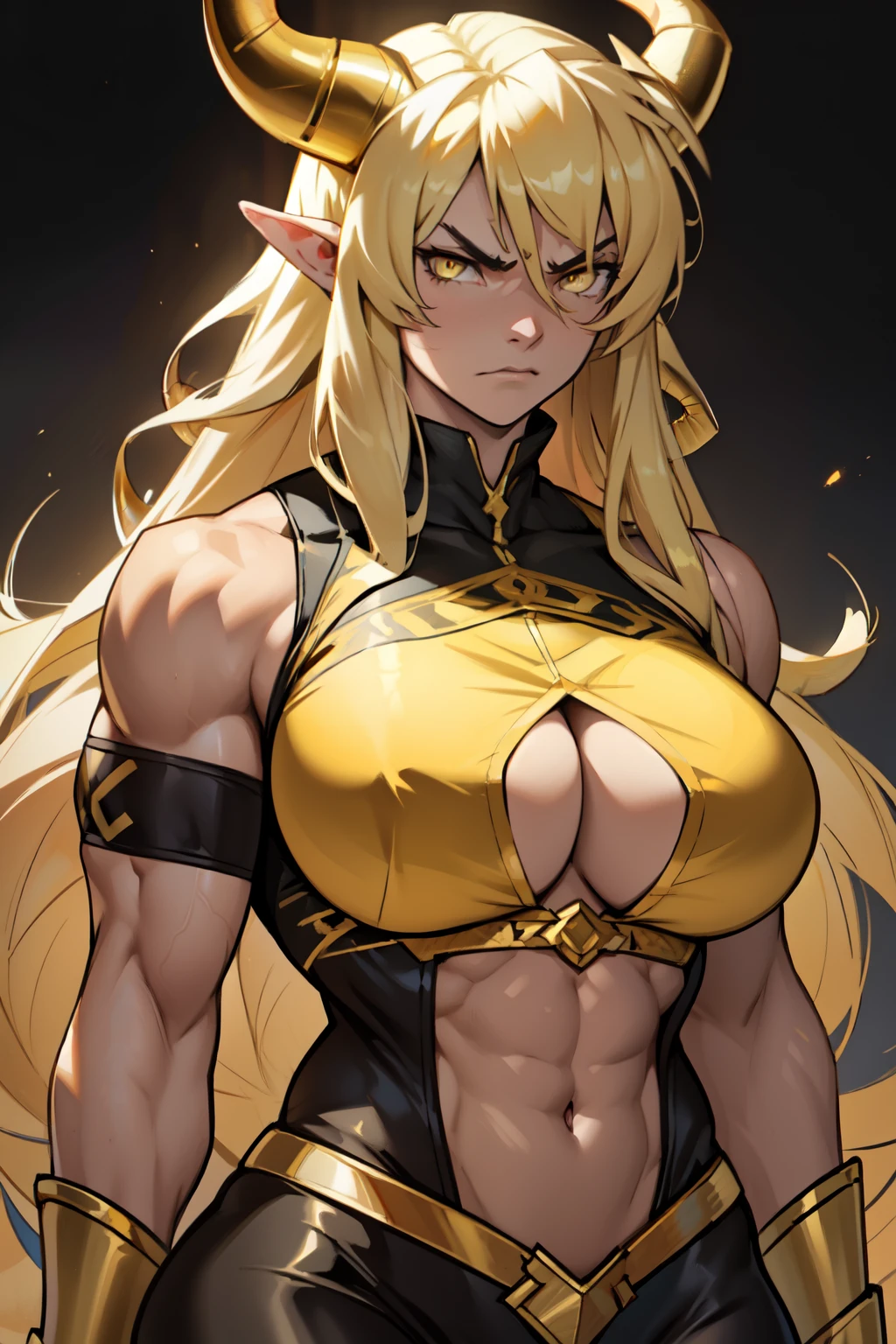 angry (((muscular girl toned body massive breasts horns))) black long hair yellow eyes pale skin gold gold gold gold gold gold