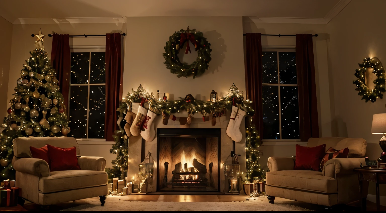 cozy home, in a livingroom, fireplace, big tree with a lot of christmas lights and bulbs, christmas atmospher, superrealistyc
