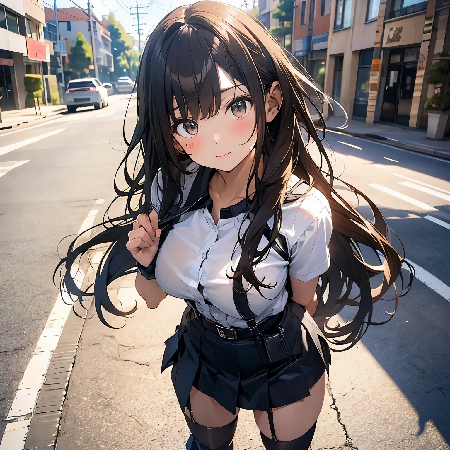 Brown hair、watching at viewers　　　black suspenders　　　Bulging big breasts　　 　 　　　walls: 　Black miniskirt　garters　　　　　　Gaze　　　Small face　bangss 　　　holster　　　Beautuful Women　　hands up　　レッグholster ベッドに横たわる　　Gaze 　black boots panty shot　provocation　flank　flank汗　soio 　arm　inside of a car　Fold your hands behind your back　a belt