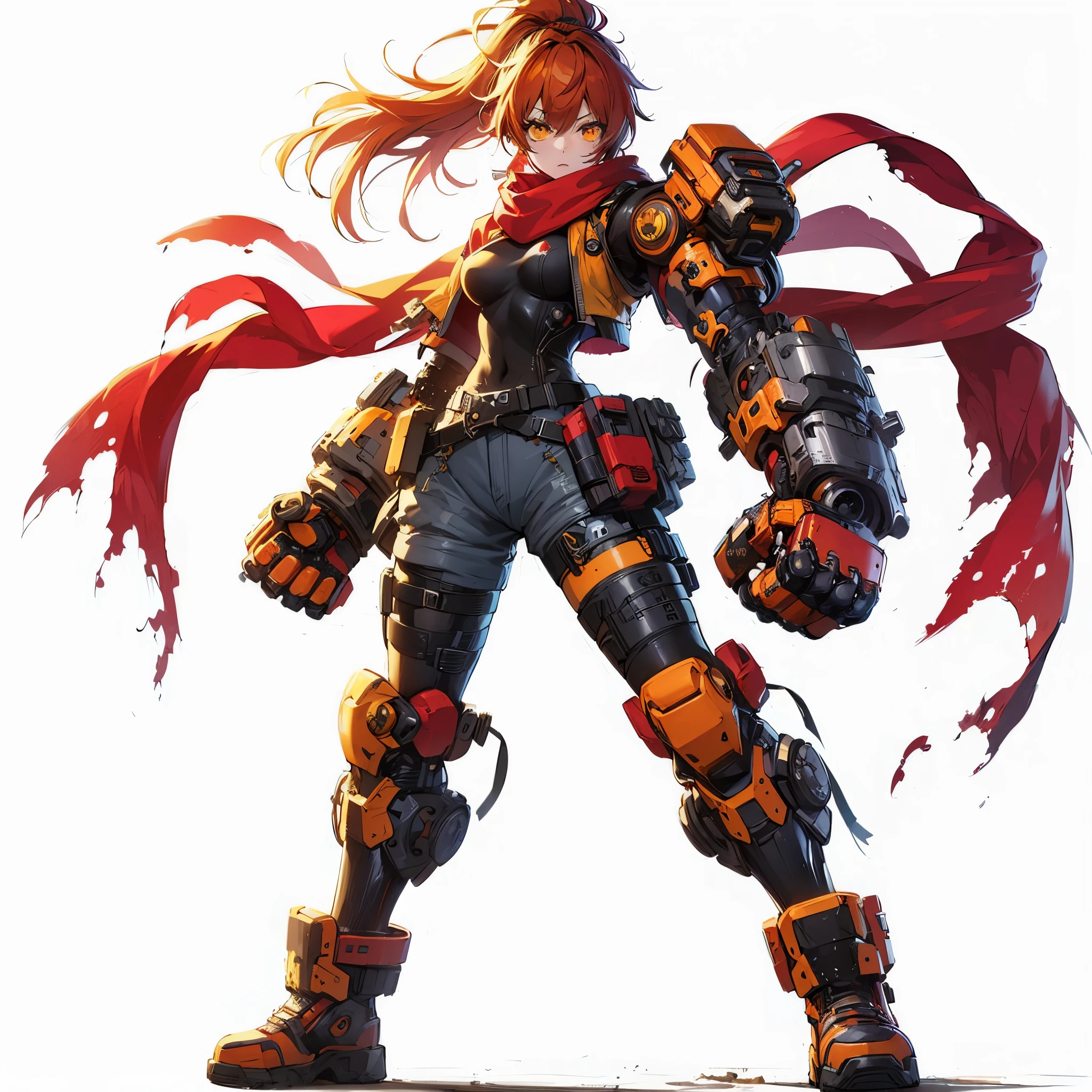 (masterpiece, best quality), ultra detailed, anime style, full body, solo, cyberpunk KARATE girl, sci-fi costume and torn red scarf, orange ponytail hair and yellow eye, high-tech huge gauntlet, hi-tech boots, standing in wasteland, digital painting, 8K high resolution, art station trend, white background, whole body,