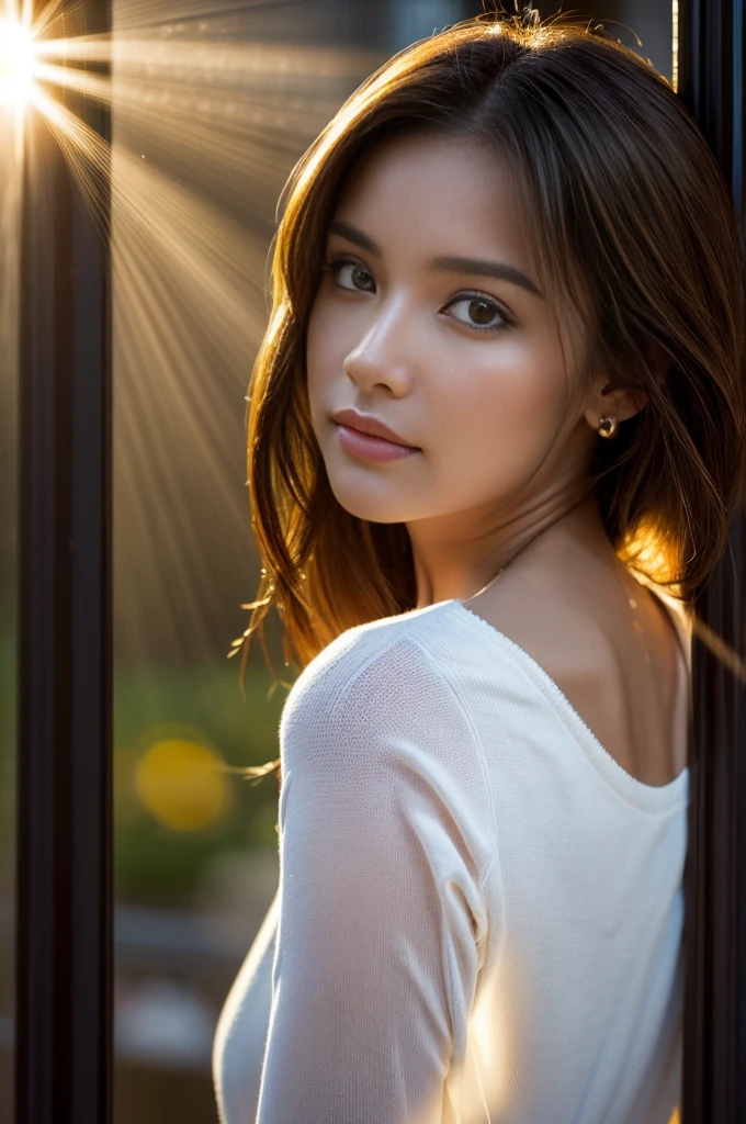(Photoreal Stick:1.5, masutepiece:1.5, 8K), (top-quality, masterpiece, 超A high resolution), (Face Sharp Focus:1.45), Professional camera work:1.25, Highly detailed skin and facial texture:1.3, Grow Light Effect, The ultra-detailliert:1.3, 1girl in, Fair skin, (Sense of clarity:1.5), Extremely beautiful face:1.3, Sense of clarityを感じる目:0.9, looking distantly, Enraptured look:1.0, i love you completely:0.8, slightly open mouth:0.4, Sense of clarityを感じる口当たり:0.7, 二重まぶた, Dark brown medium hair, necklace and earrings, looking at viewert, (the morning sun, Intense sunlight:1.3, sunlight shining from behind:1.3, Strong sunlight spreads across the screen:1.5)