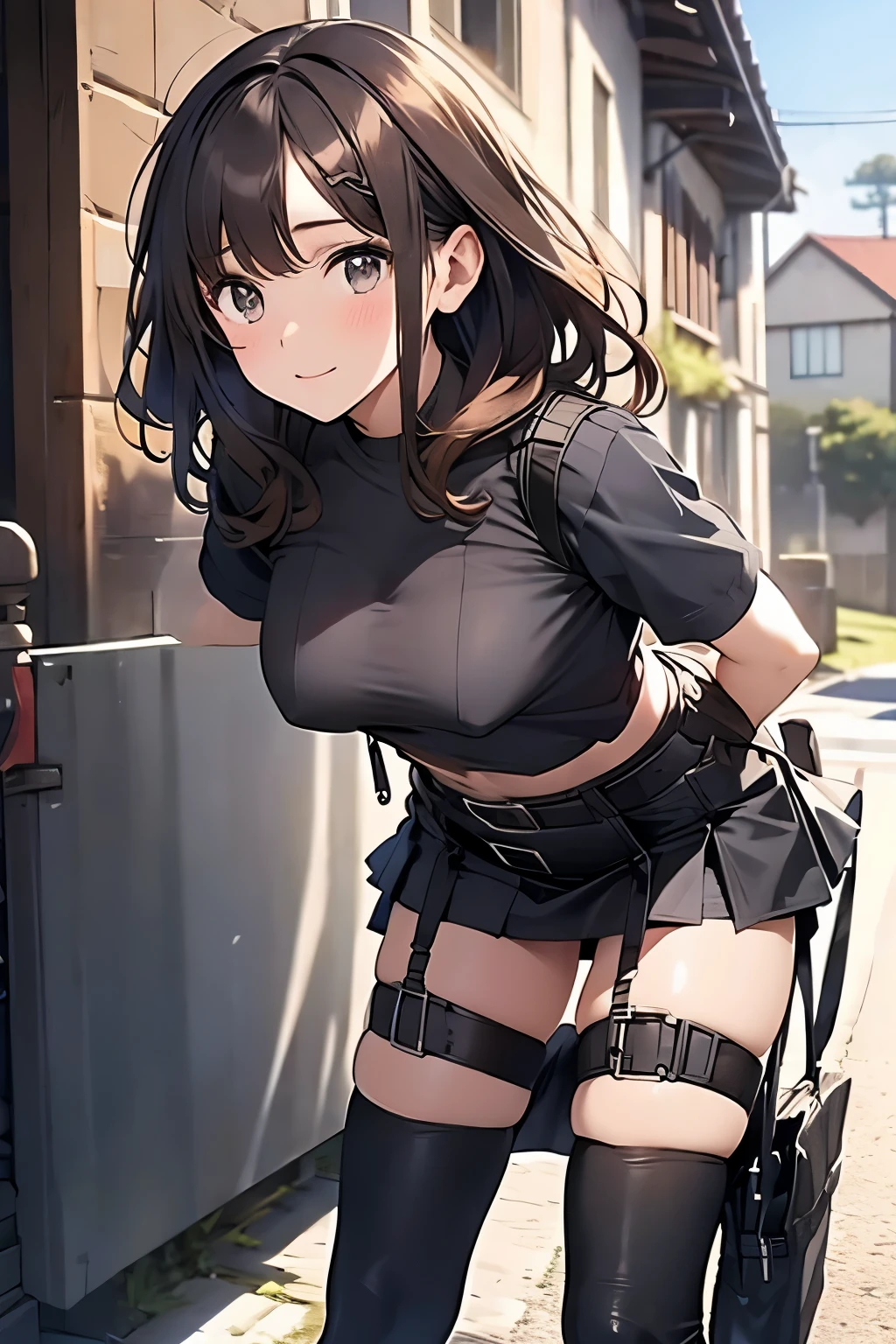 Brown hair、watching at viewers black suspenders Bulging big breasts walls: Black miniskirt garters Gaze Small face bangss holster Beautuful Women hands up レッグholster ベッドに横たわる Gaze black boots panty shot provocation flank flank汗 soio arm inside of a car Fold your hands behind your back a belt