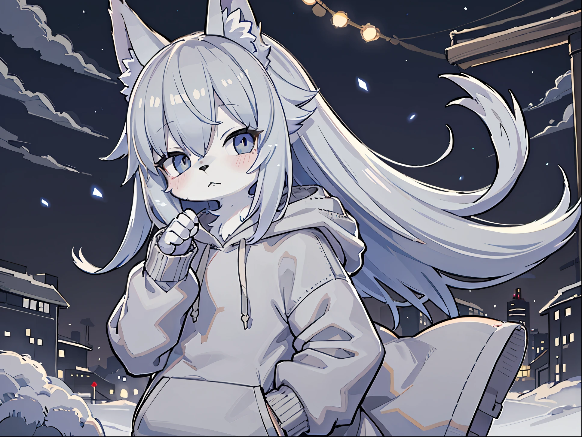 Wearing a hoodie、Mofumofuno、A little sleepy、looked lonely、He had gray hair and furry ears.、the eyes are blue、wolf girl。gray fur。the back is a little black。Strong wind is blowing。Hair is fluttering。