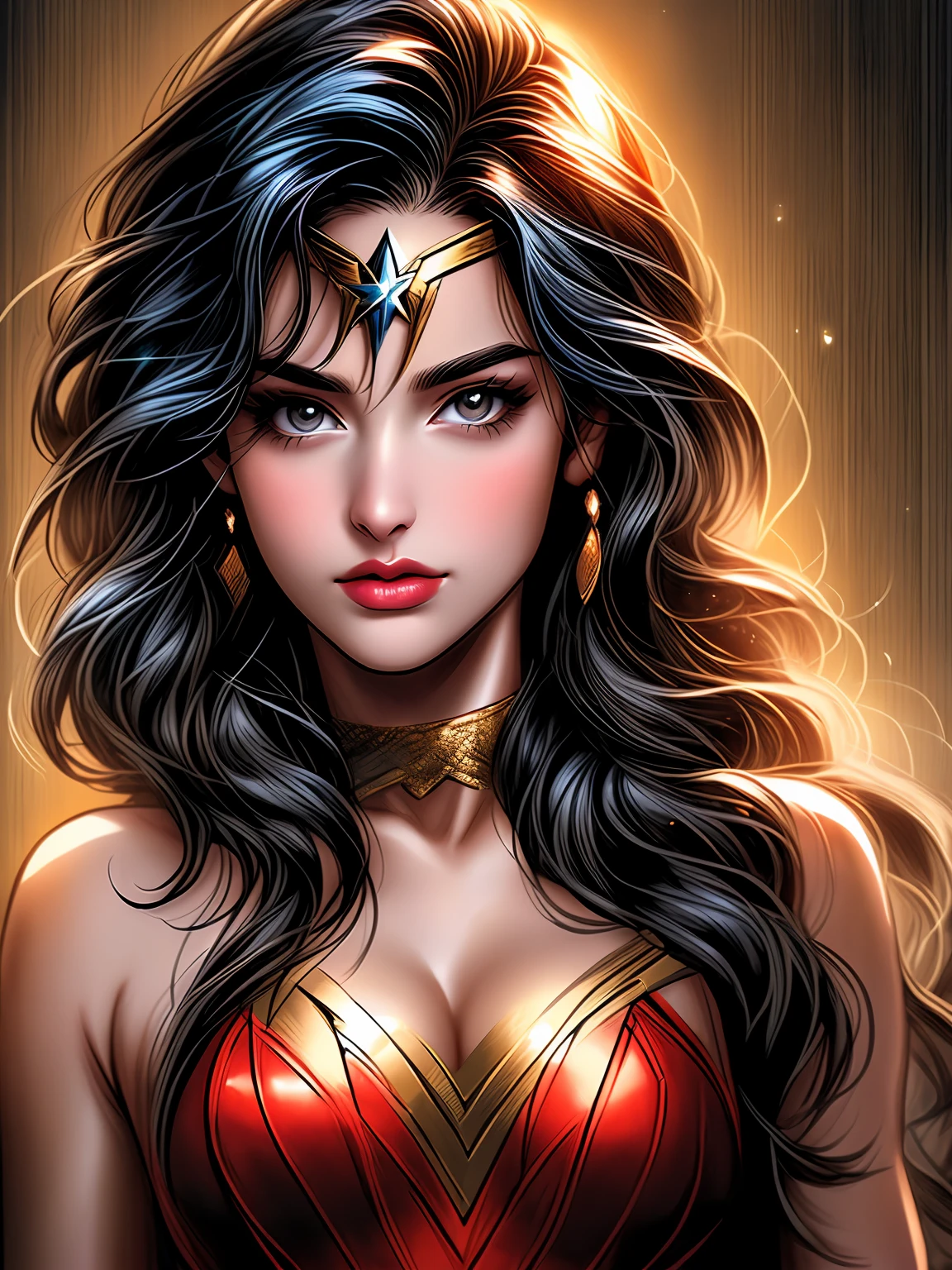 a woman in a costume is posing for a picture, wonder woman, gal gadot as hell lord, portrait of wonder woman, hybrid of gal gadot, gal gadot as wonder woman, sexy painting of gal gadot, photo of the beauty gal gadot, dressed as wonder woman, margot robbie as wonder woman, gal gadot, in the style artgerm