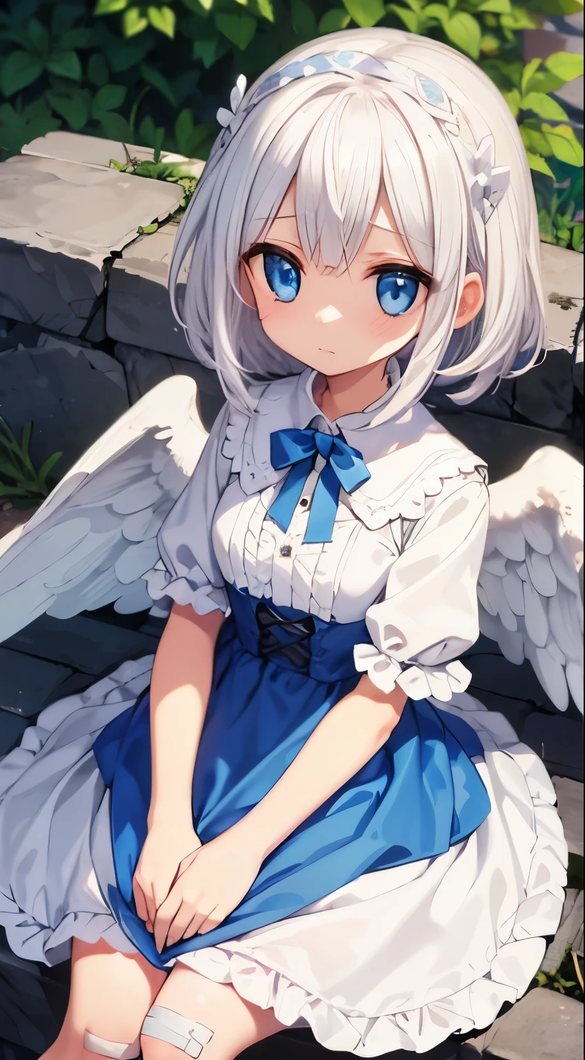 white hair, angel, cute, bandaid, Blue clothes, Blue Eyes , Cute dress, seraphic