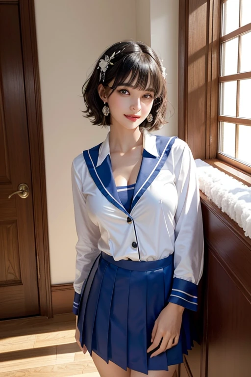 (high-level image quality, high-detail, high quality, high resolution, Draw everything in high resolution), full body shoot, standing, (huge breast:1.2), cleavage, Very intense crystal light blue eyes, Very pale blue eyes, pink heart-shaped earrings, Look firmly at the camera, Put your ears out, short black hair with a beautiful sheen, Beautiful very short beautiful hair with bangs, Show off all the beautiful décolletés, Beautiful 20 years old, lip gloss, long neck, happily laughing, Smiling very happily, Beautiful teeth alignment, Beautiful teeth, Beautie, Pretty Woman, (a woman wearing a high school uniform costume:1.6), (hair ornaments inspired wingl:1.3), illuminate the back with very strong light from the windowsill, Very immaculate background, Really snow-white background, Slightly bigger eyes, Brings intense light to the eyes, Beauty with slightly wider shoulders, tall pop idol, Long-legged supermodel, Female sexy, Turn your face slightly to the side, Very mature and beautiful woman, Very small face