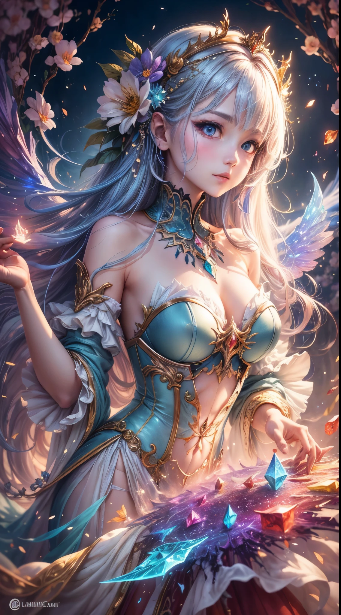 A captivating anime girl gracefully emerges from the pages of a watercolor painting, her vibrant and intricate colors breathing life into the artwork. She wears extraordinary fantasy costumes,Decorated with exquisite details, reflecting the enchanting world she inhabits. Luminescent elements, like glowing crystals and ethereal wisps, surround her, casting a soft, otherworldly glow. The watercolor style imbues the image with a sense of fluidity and delicacy, as if the colors are effortlessly blending and bleeding into one another. Camera shot: Medium Shot, Camera lens: softfocus, Lighting: luminescent glow, watercolor brushstrokes,