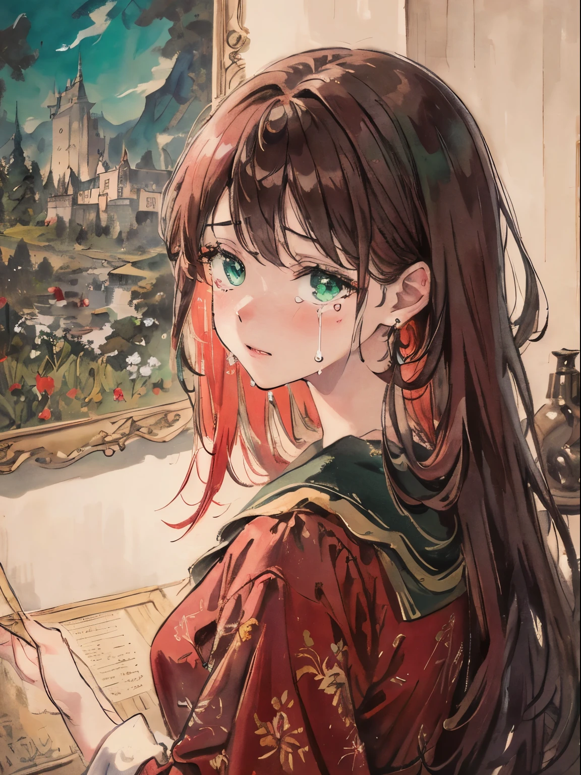 masterpiece, best quality, an extremely delicate and beautiful girl,an extremely delicate and beautiful, world masterpiece theater, ultra-detailed, highly detailed, best quality, red hair, highres, extremely detailed,1girl, best quality, illustration, looking at viewer, impasto, canvas, oil painting, realistic, realist ,real, Green eyes, In castle, crying