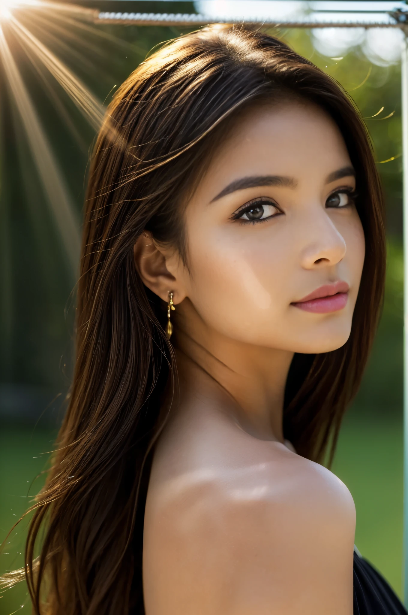 (Photoreal Stick:1.5, masutepiece:1.5, 8K), (top-quality, masterpiece, 超A high resolution), (Face Sharp Focus:1.45), Professional camera work:1.25, Highly detailed skin and facial texture:1.3, Grow Light Effect, The ultra-detailliert:1.3, 1girl in, Fair skin, (Sense of clarity:1.5), Extremely beautiful face:1.3, Sense of clarityを感じる目:0.9, looking distantly, Enraptured look:1.0, i love you completely:0.8, slightly open mouth:0.4, Sense of clarityを感じる口当たり:0.7, 二重まぶた, Dark brown medium hair, necklace and earrings, looking at viewert, (the morning sun, Intense sunlight:1.3, sunlight shining from behind:1.3, Strong sunlight spreads across the screen:1.5)
